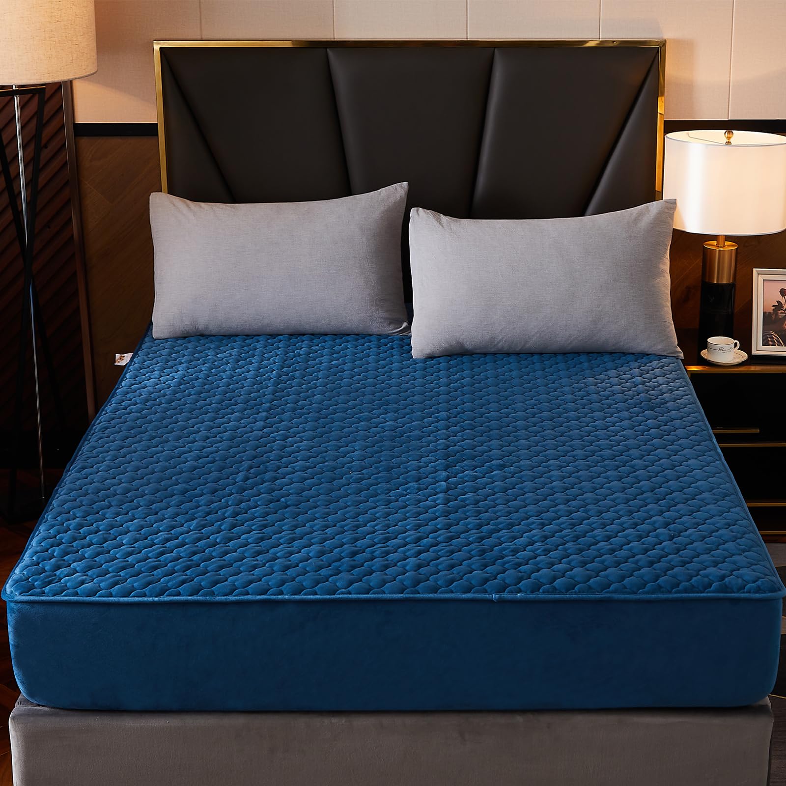 Premium Solid Flannel Plaid Fitted Sheet - Ultra Soft Heavyweight Non-Slip Mattress Protector Cover for California King Bed | Cozy Winter Bedding & Guest Room Essentials (Blue)