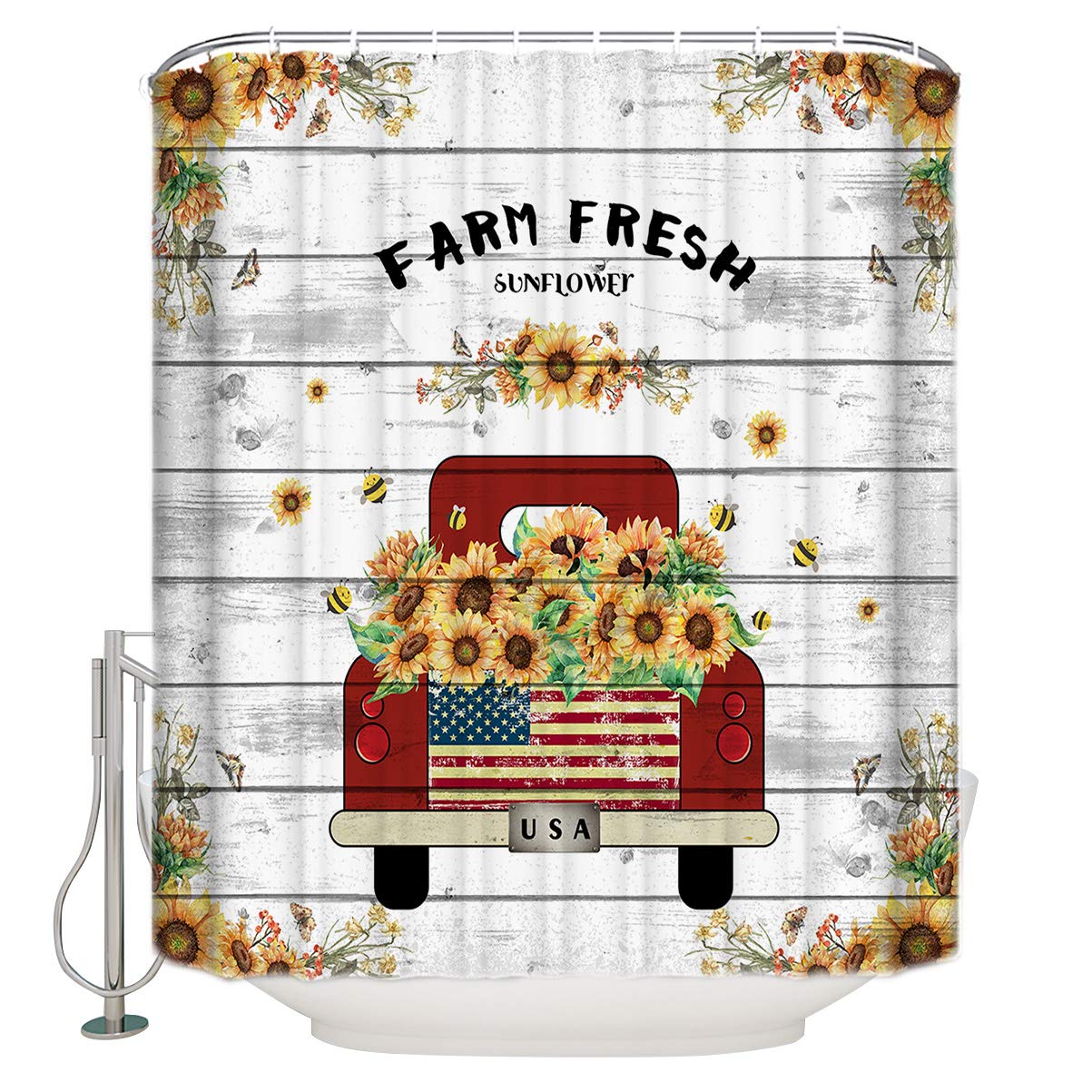 ZOE GARDEN Waterproof Polyester Shower Curtain Set with Hooks 72x78 Inch - Vintage Farmhouse Sunflower Red Truck & Bees Design | Bathroom Decor for Rustic, Country, Retro Style Homes - Perfect for Farmhouse, Cottage, or Vintage Themed Bathrooms