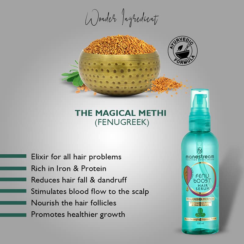 Manestream Fenuboost Ayurvedic Hair Serum for Men & Women - Fenugreek & Moringa Extract for Heat Damaged & Chemically Treated Hair Repair | Includes Free Fenucleanse Anti-Dandruff Mini Shampoo 30ml (Pack of 2) | Perfect for Daily Hair Care & Scalp Nourishment