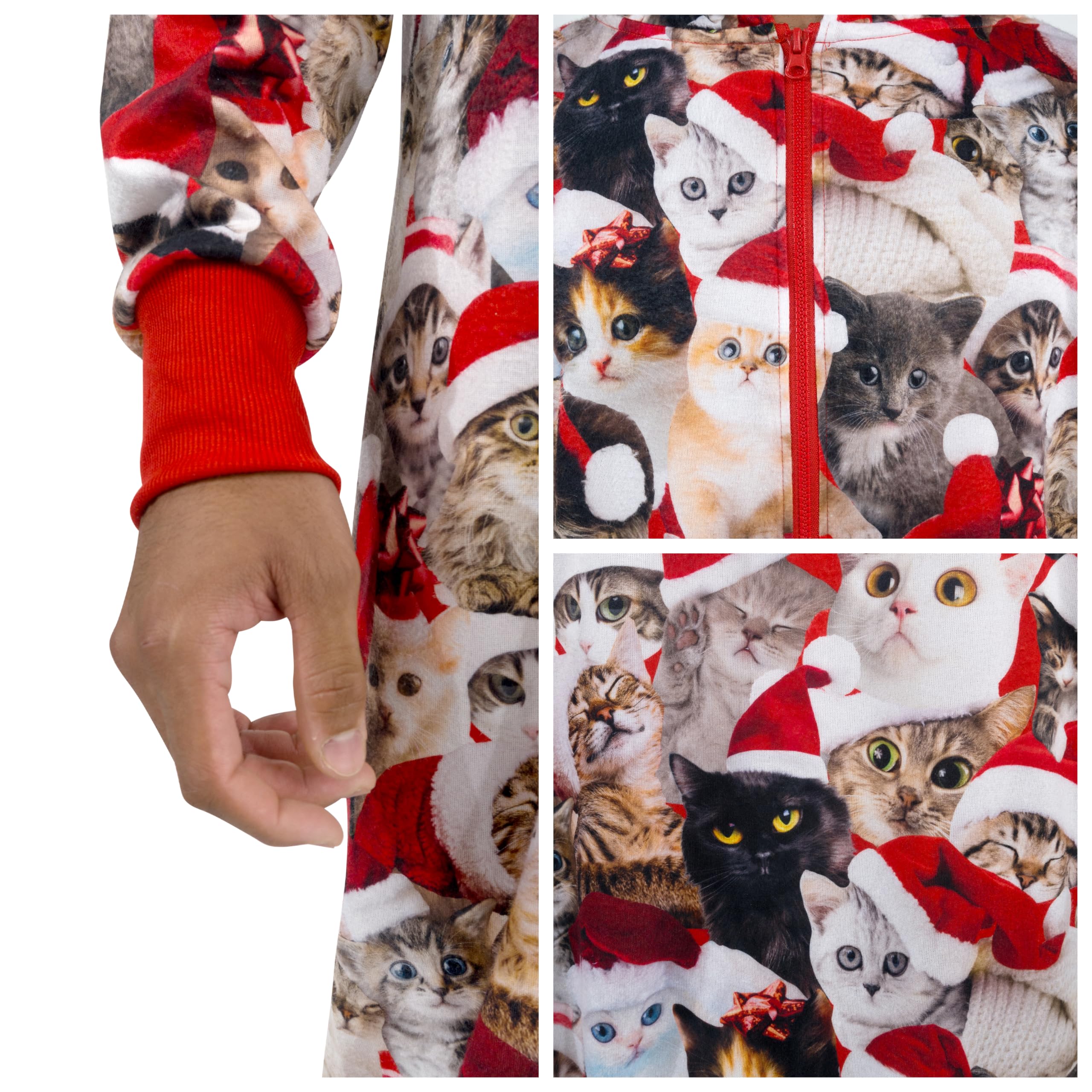 Cozy Cat Print Christmas Pajamas for Adults - Soft Fleece Hooded Pajama Set with Pockets | Perfect for Holiday Parties, Family Gatherings & Winter Lounging