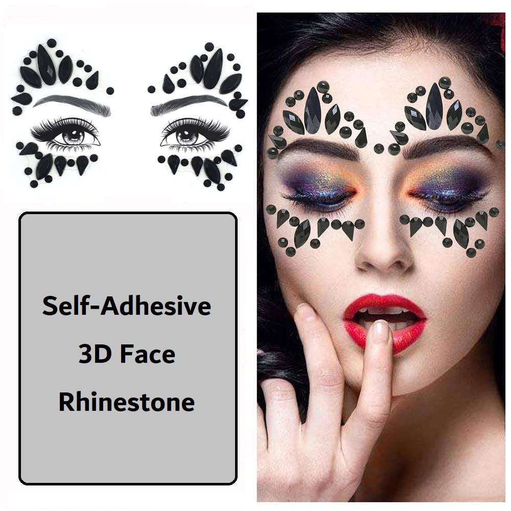 3D Black Face Gems Rhinestone Stickers - Crystal Face Makeup for Women & Girls | Trendy Fashion Accessories for Parties, Weddings & Special Events | Perfect for Festival Makeup, Costume Parties & Photo Shoots