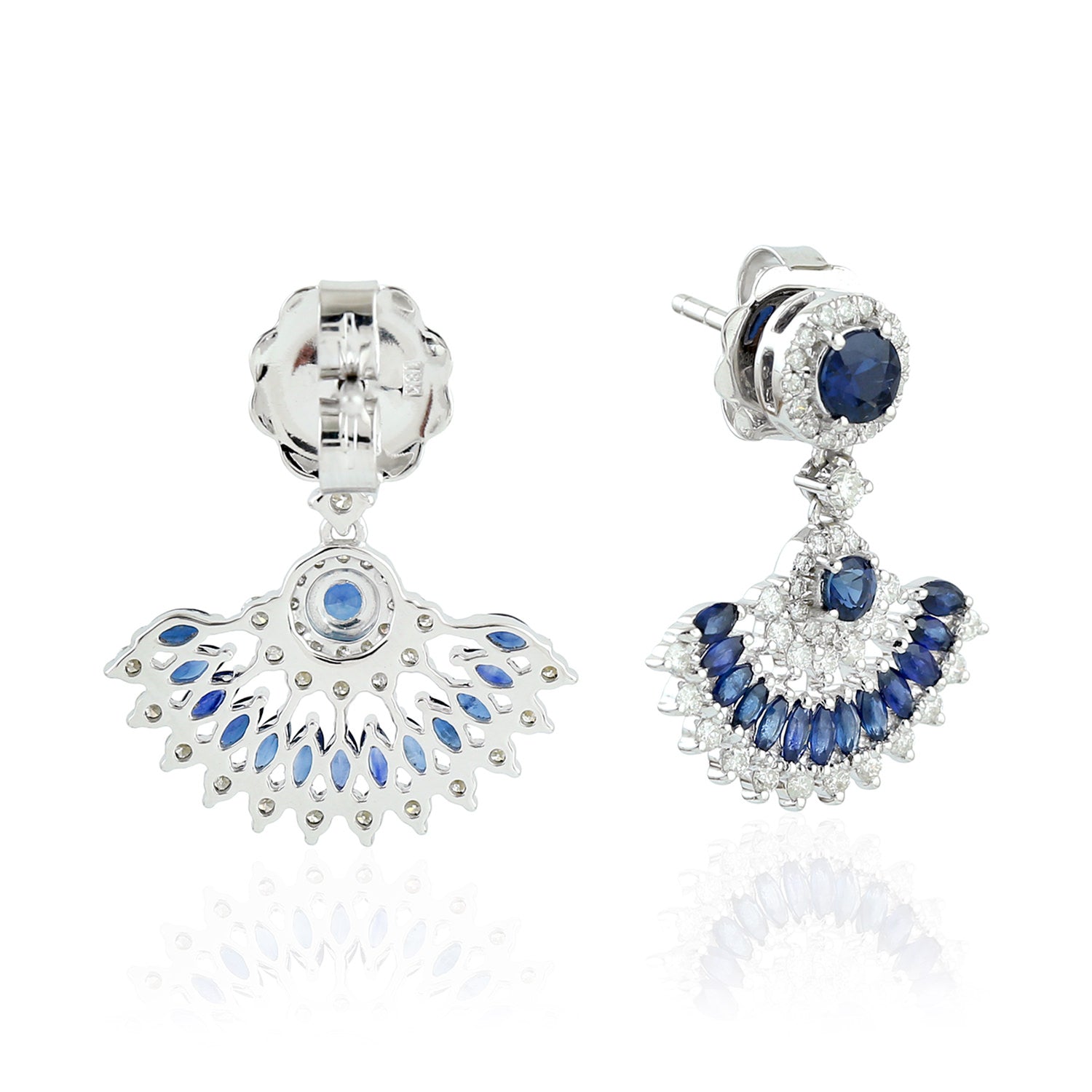 Exquisite Marquise Cut Blue Sapphire & Diamond Pave Fan Dangle Earrings in 18K White Gold | Elegant Jewelry for Weddings, Parties & Special Occasions