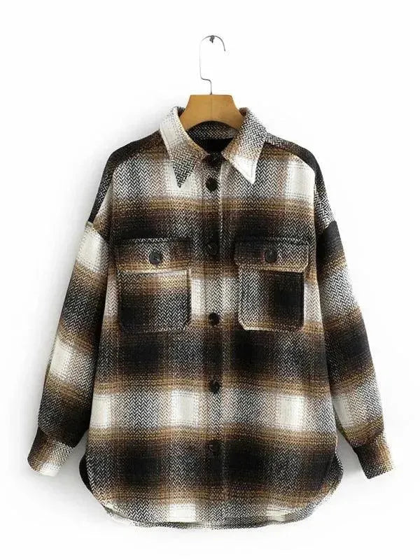 Warm Woolen Women's Checked Winter Shirt - Cozy Flannel Plaid Top for Cold Weather, Perfect for Outdoor Activities & Casual Wear