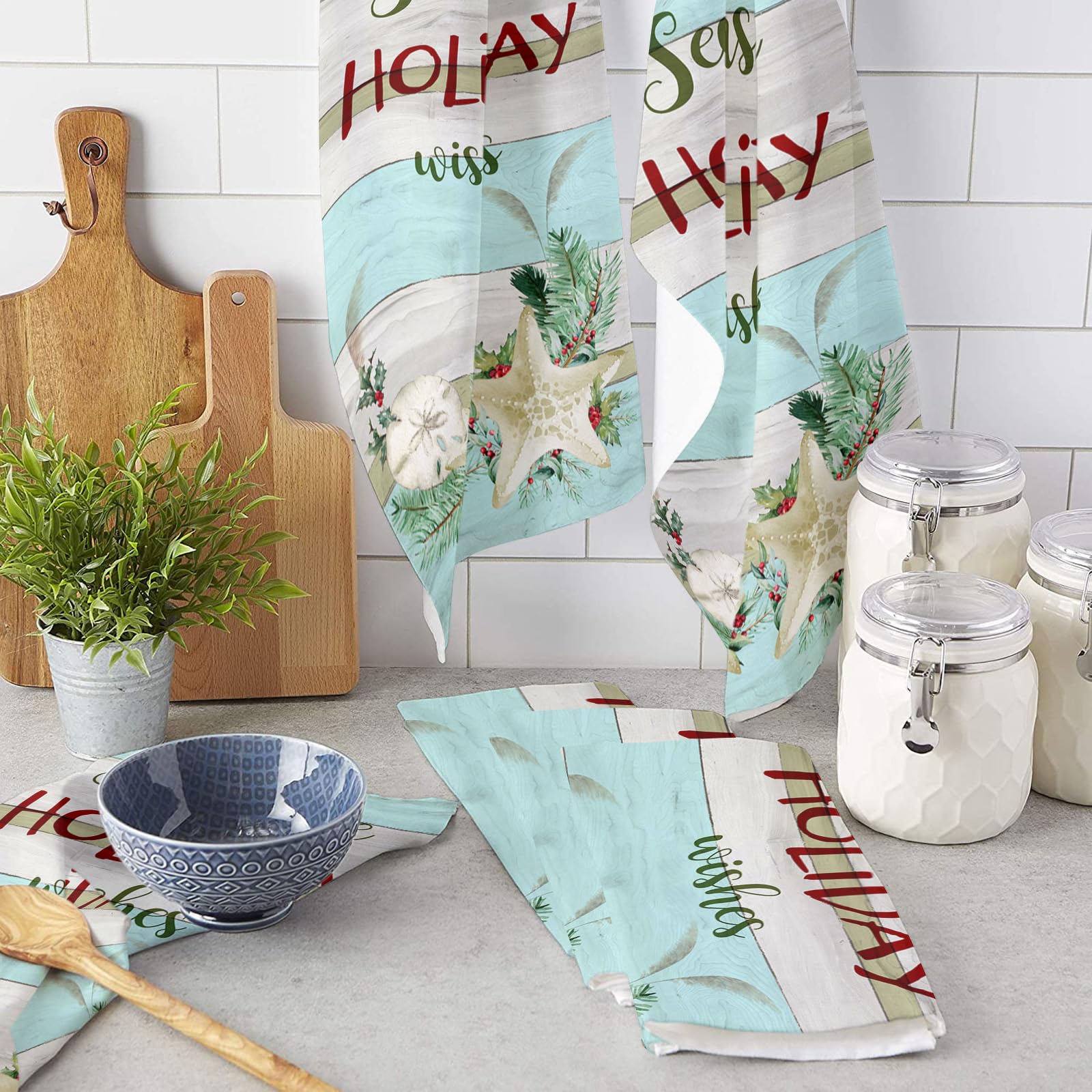 Fast Drying Microfiber Kitchen Towel Set - 18x28 Inch Coastal Christmas Dish Cloths & Tea Towels (Set of 2) | Perfect for Holiday Cooking, Bar Cleaning & Coastal-Themed Home Decor