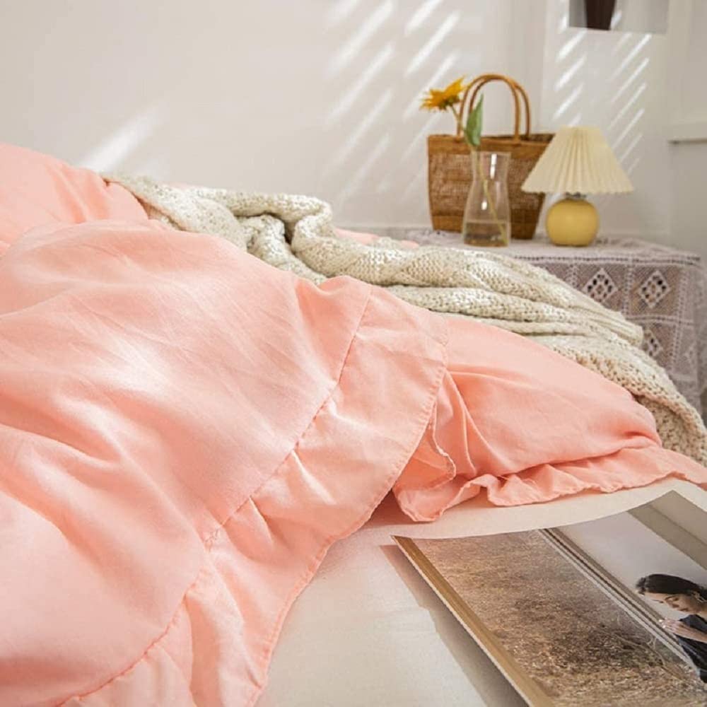 Pink Cotton Duvet Cover King Size - Boho Ruffled Bedding Set with Fringe, Queen Bohemian Duvet Cover for Shabby Chic Style | Perfect for Master Bedroom, Guest Room & Bohemian Home Decor
