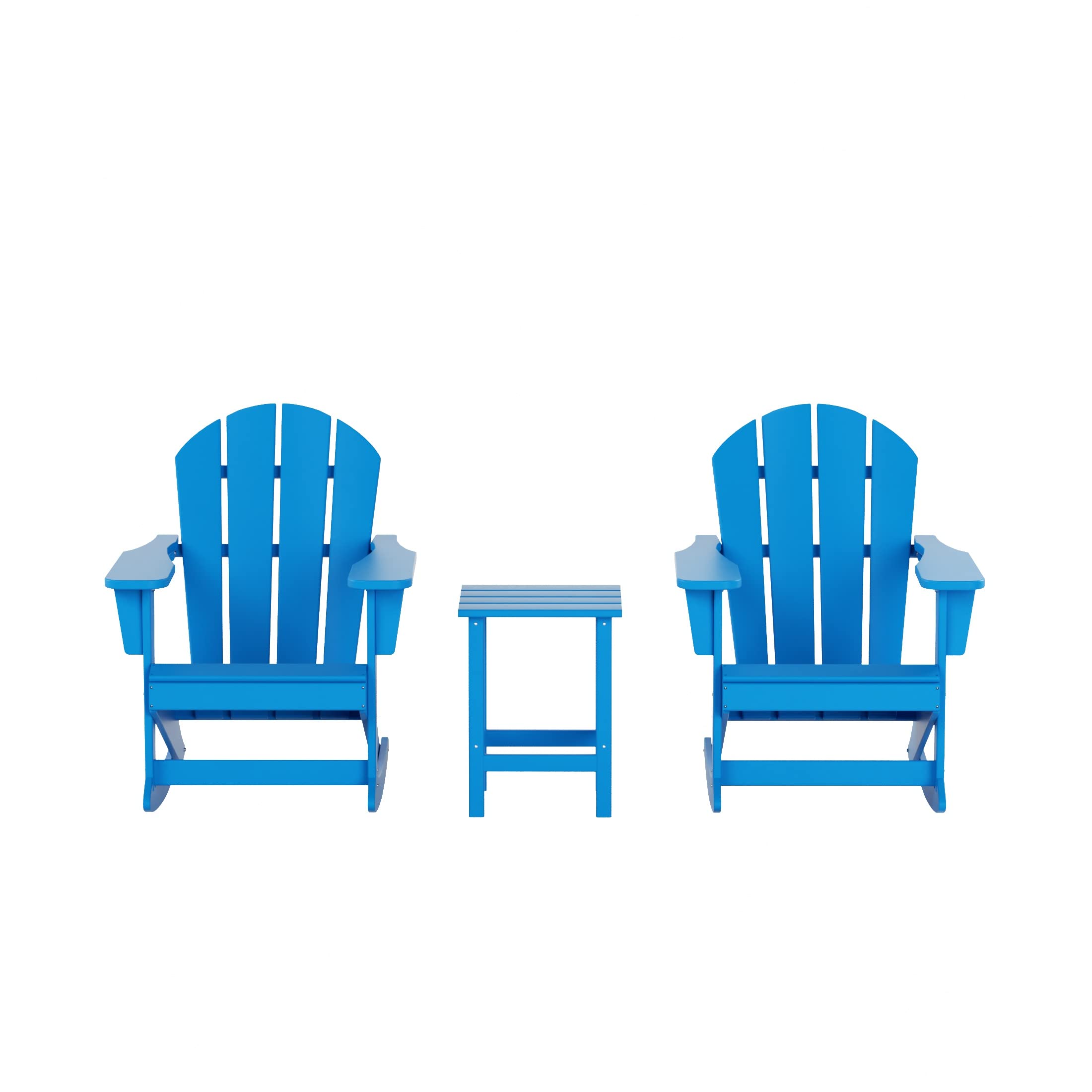 WO Home Furniture 3-Piece Patio Rocking Chair Set - Classic Outdoor Adirondack Rocker Chairs & Table in Pacific Blue - Perfect for Backyard, Garden, Porch & Poolside Relaxation