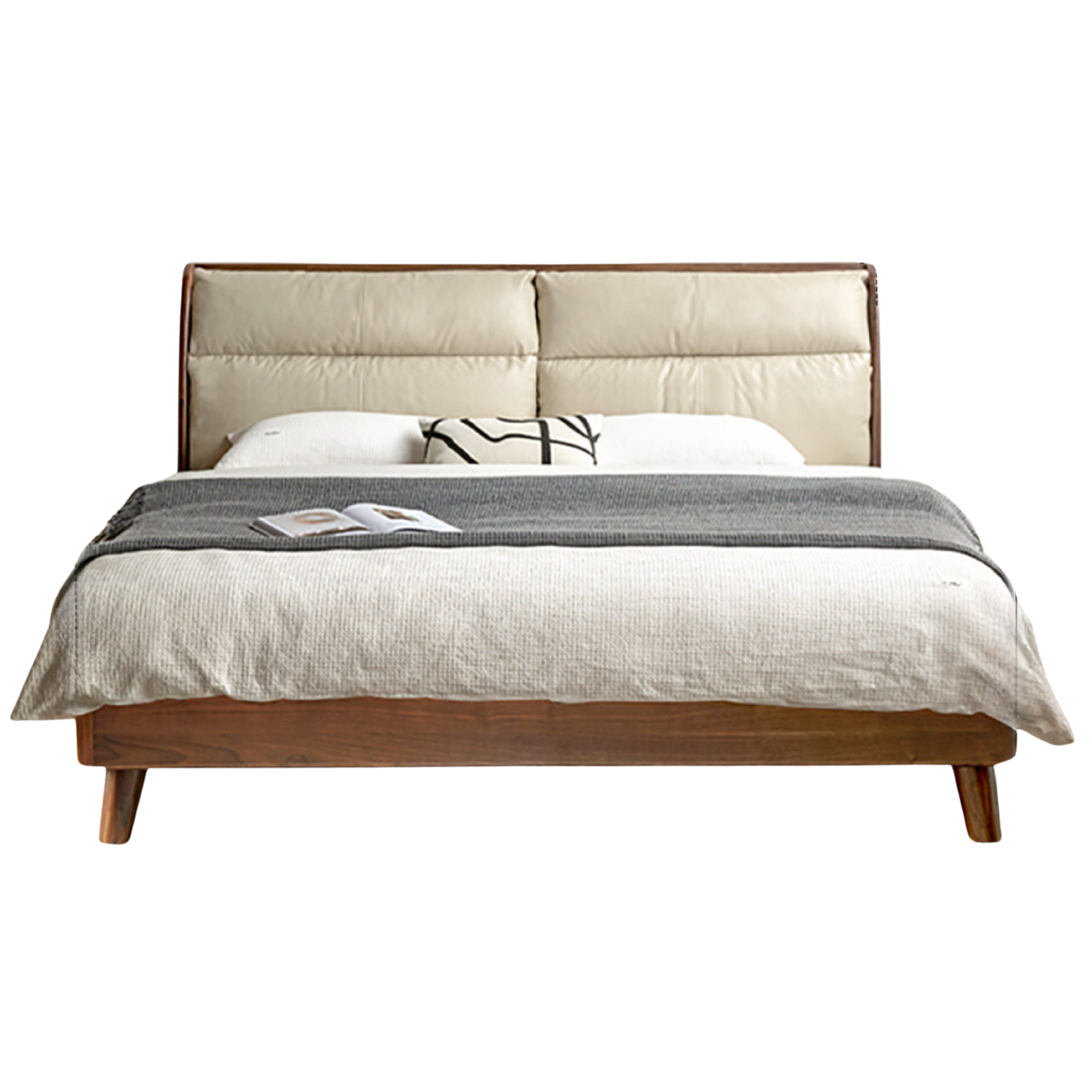 Premium Black Walnut Solid Wood Leather & Tech Fabric Bed Frame - Modern Platform Bed for Master Bedroom, Guest Room & Dormitory