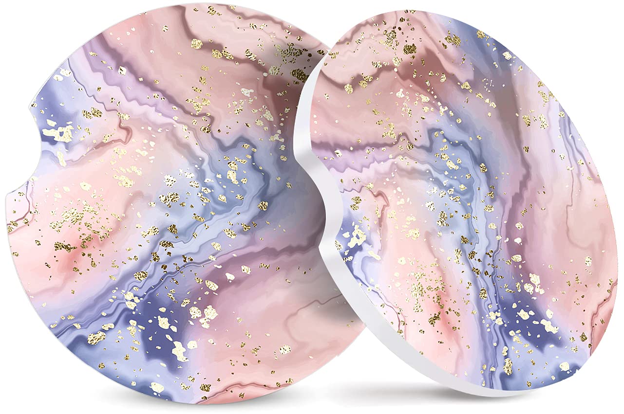 2 Pack Absorbent Car Coasters for Cup Holders - Gold Glitter Marble Ceramic Coasters with Cork Back & Finger Slot (2.56