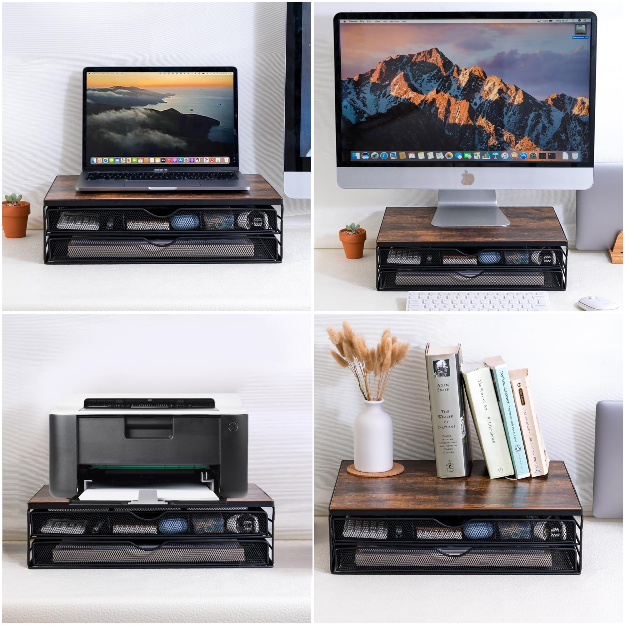 ARCOBIS Wood Monitor Stand with Drawers - 40LB Capacity, Rustic Brown for Home Office Desk
