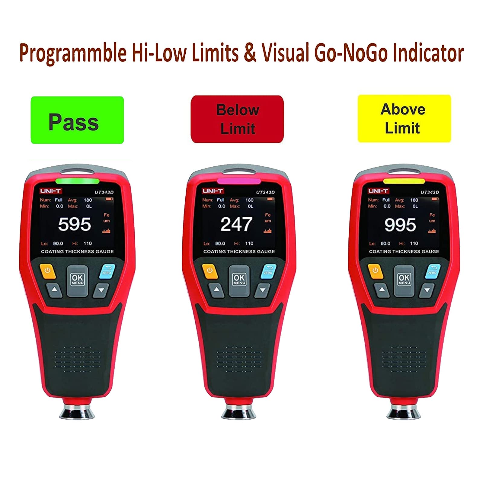 UT343D Upgraded Paint Thickness Gauge - Digital Coating Film Meter with Auto-Rotating Display & Visual Go/No-Go Indicator for Automotive Paint Correction, Precious Metal Testing | Perfect for Car Detailing, Jewelry Appraisal & Industrial Coating Inspection