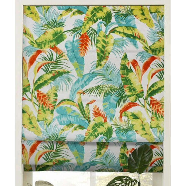 Napa Roman Blinds - Tropical Blue Green Leaves Pattern Window Shades for Living Room & Bedroom | Light Filtering & Privacy