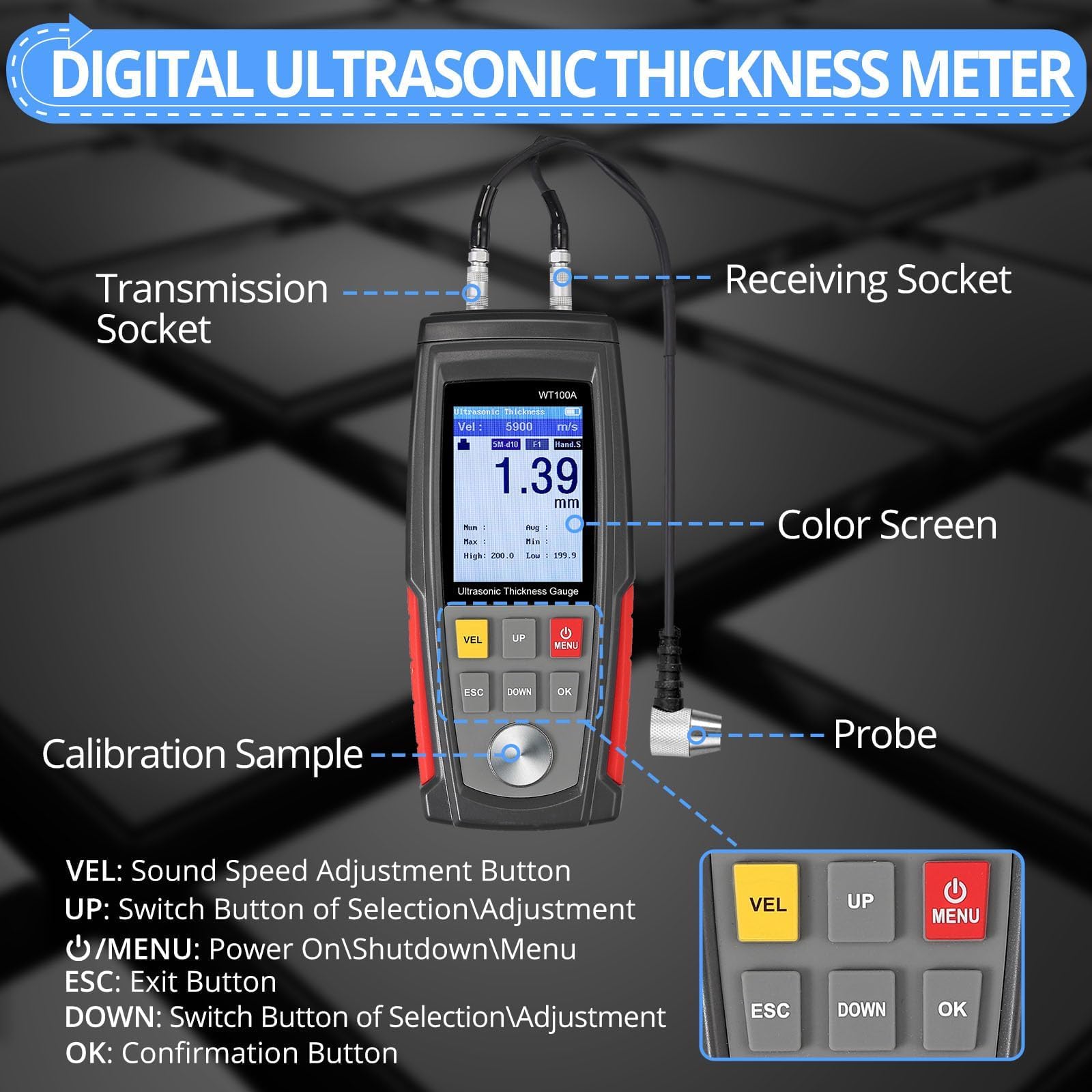 Digital Ultrasonic Thickness Gauge Meter - High Precision Metal Thickness Tester for Steel, Aluminum, Copper Plate with LCD Backlight & Data Storage | Industrial Quality Control, Construction & Automotive Measurement Tool