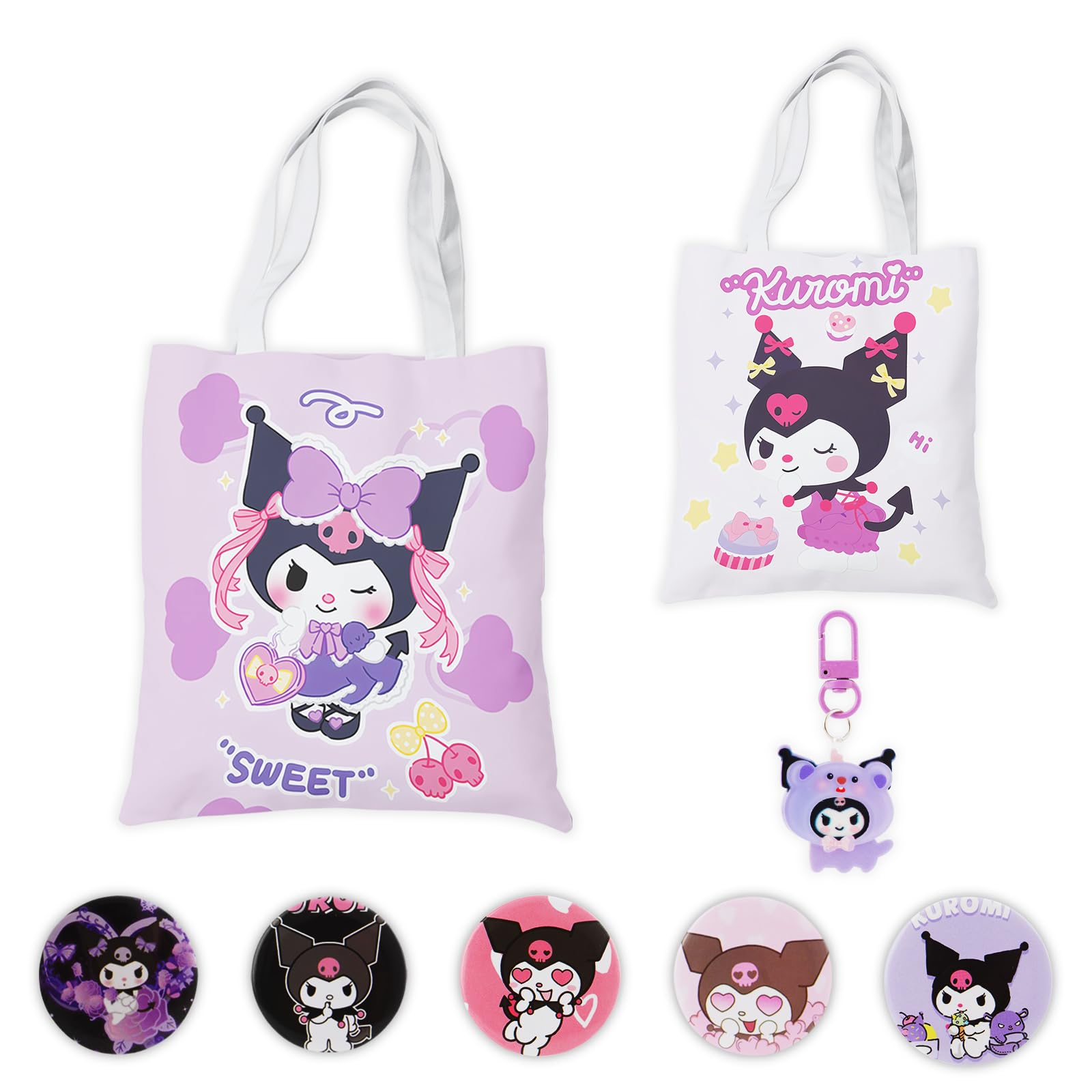 Stylish Kawaii Anime Cartoon Canvas Tote Bag with Brooch Pins & Keychain - Reusable Eco-Friendly Handbag for Women & Girls - Perfect for Shopping, School, Work & Daily Use