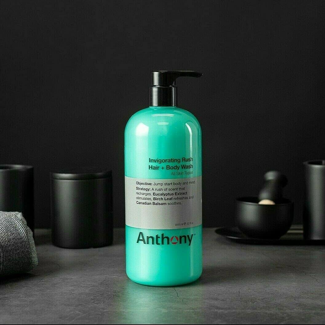 Anthony Invigorating Rush Hair & Body Wash with Blue Sea Kelp - 32 Fl Oz Hydrating Shower Gel for Men & Women - Refreshing Body Scrub for Dry Skin - Perfect for Gym, Post-Workout & Daily Shower Routine