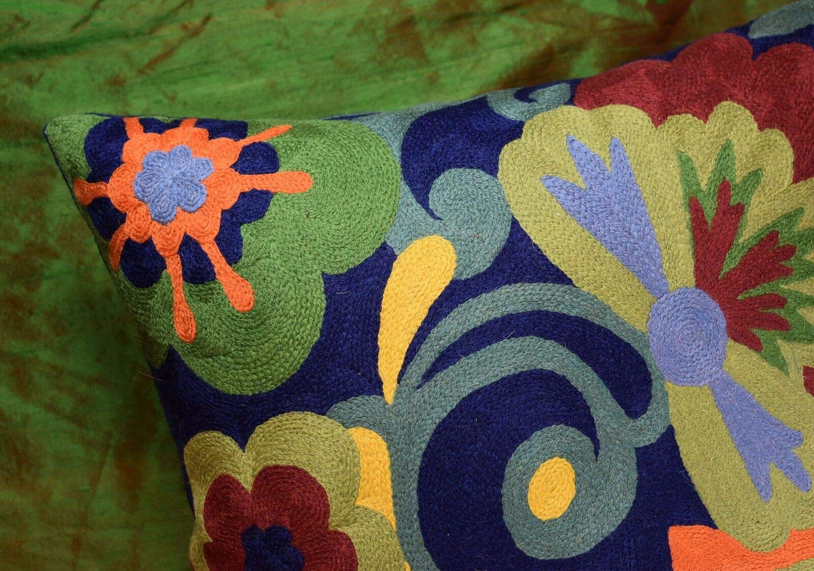 Blue Floral Pillow Cover 18x18 - Navy Flower Throw Pillow & Hand Embroidered Suzani Cushion for Sofa, Bed, Outdoor Chair | Boho Home Decor & Living Room Accent Pillow