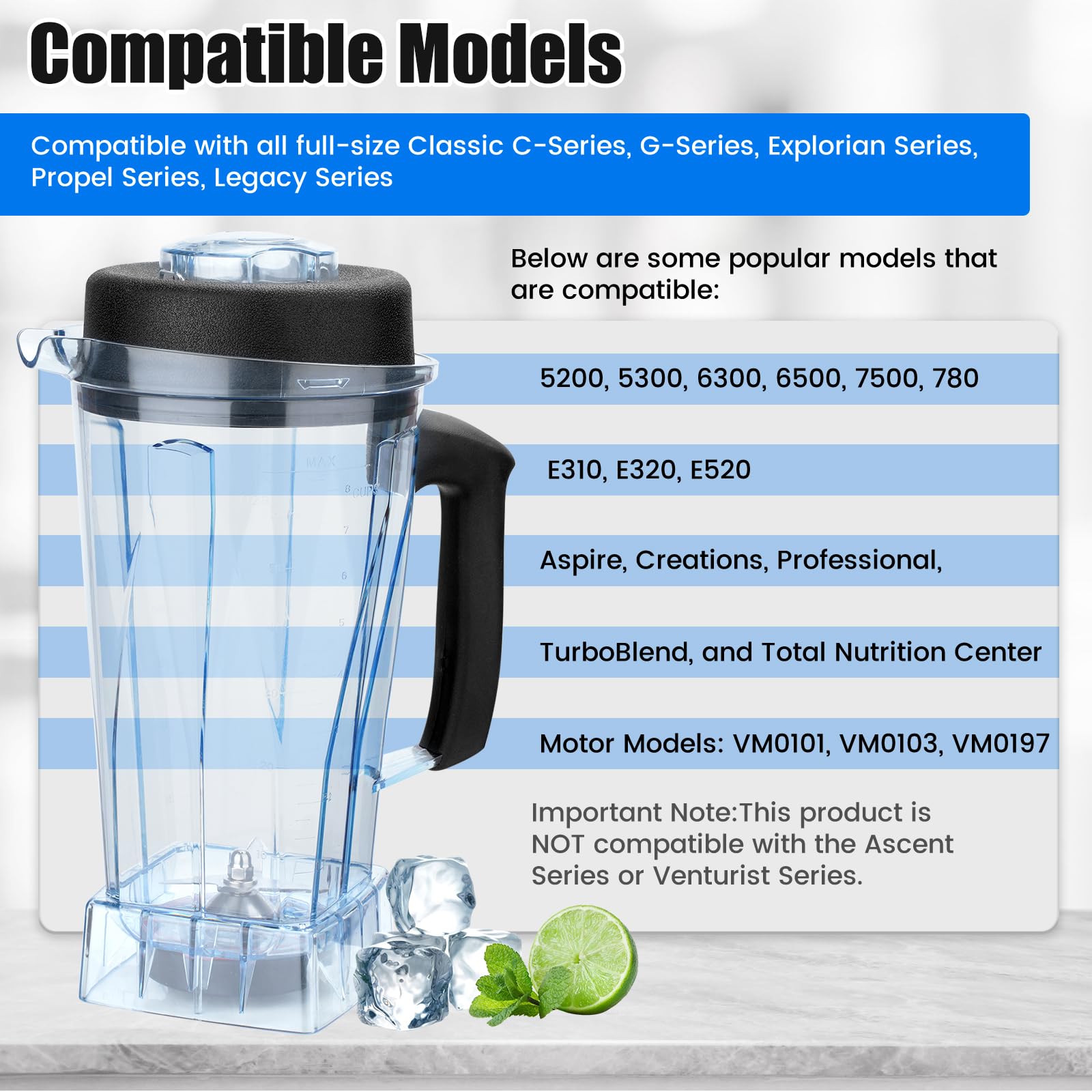 64oz Vitamix Blender Pitcher Replacement with Blade & Lid - Compatible with 5200, 6500, E320, E520, Aspire, VM0101 - Perfect for Smoothies, Soups & Nut Butters
