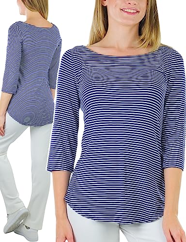 3/4 Sleeve Open Neck Pinstripe Tee - Navy/White