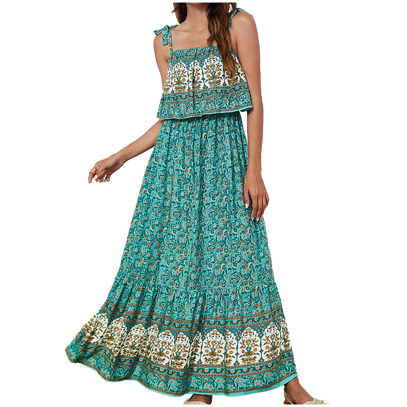 Bohemian Summer Maxi Dress for Women - Flowy Long Boho Print Dress with Tie Straps | Perfect for Beach Vacations, Music Festivals & Casual Outings