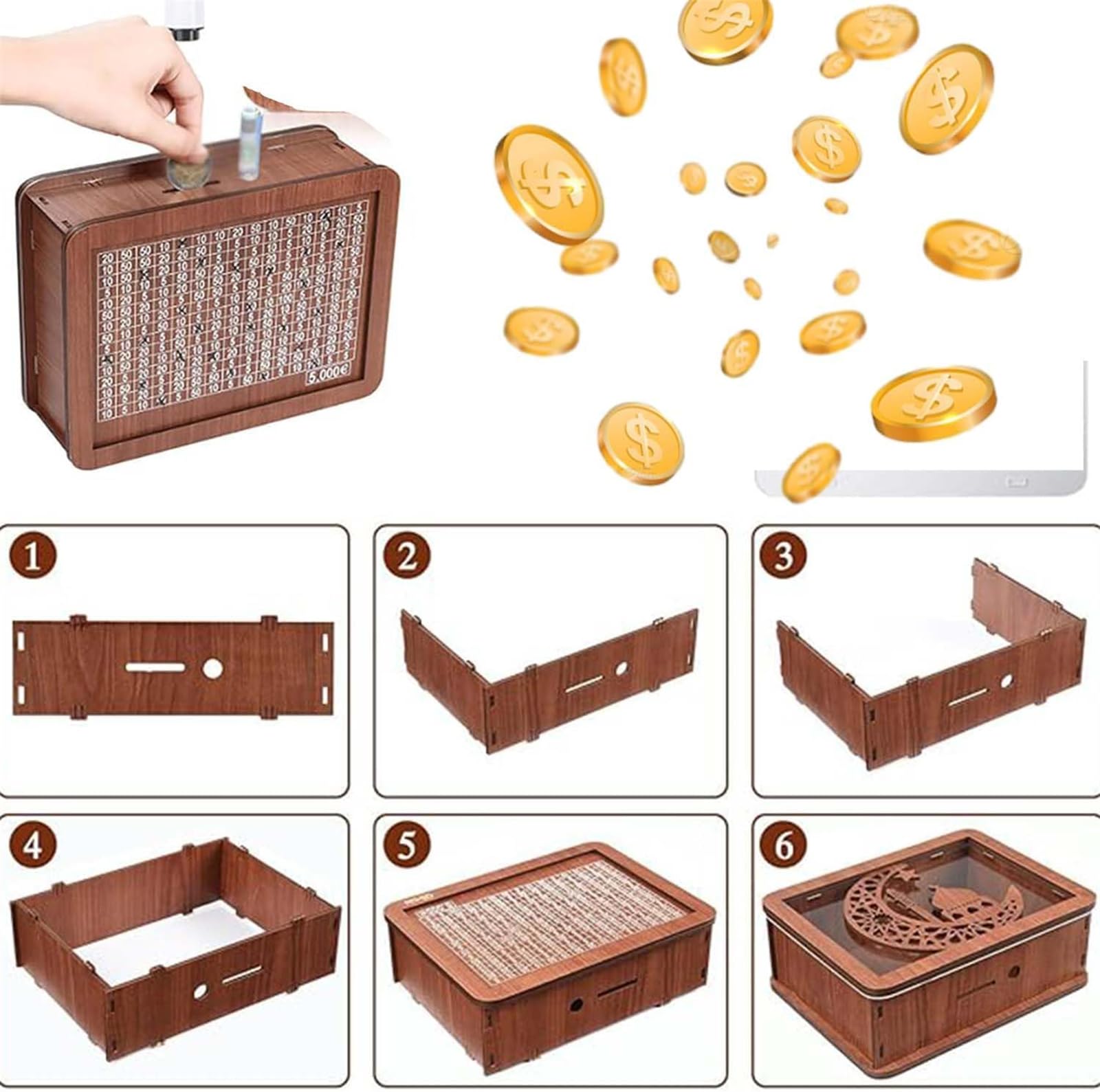 Wooden Cash Vault Savings Box - Secure Money Box for Adults with 10,000 Target & Numbered Slots | Perfect for Budgeting, Emergency Funds & Financial Goal Tracking