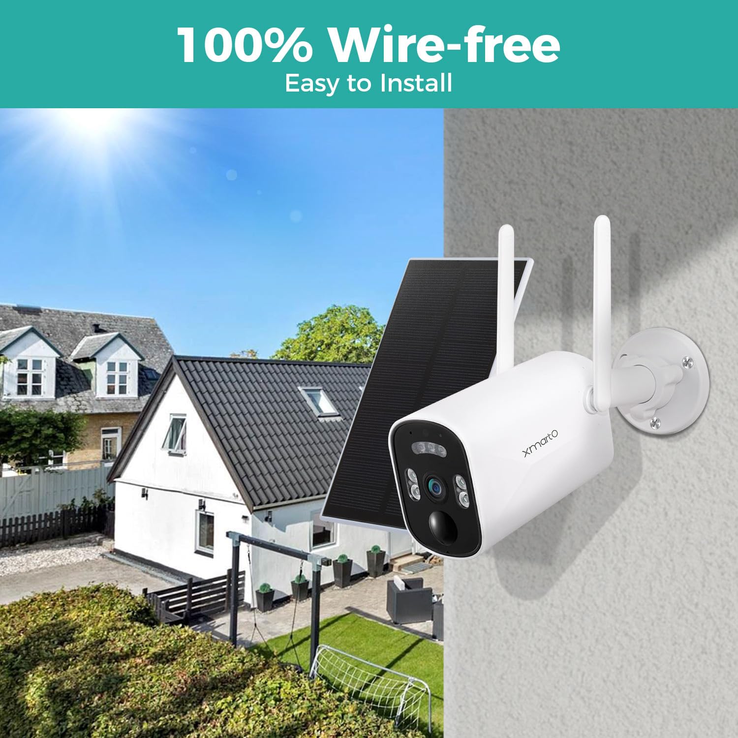 XMARTO Solar Powered Wireless Home Security Camera System with Screen - AI Motion Detection, Spot Light, Siren, SD & Cloud Storage - Weatherproof Outdoor Surveillance for Yard, Garage & Property Protection