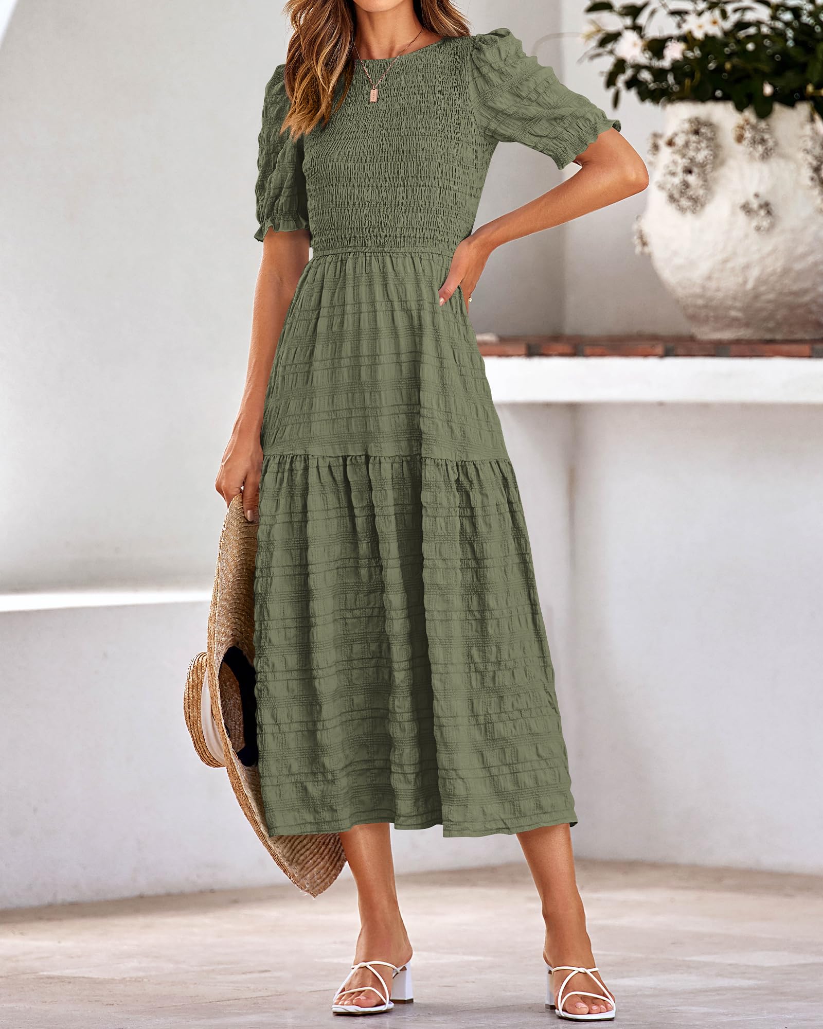 Dowerme Women's Summer Dresses 2025 - Casual Puff Short Sleeve Crewneck Smocked Flowy Ruffle Boho Maxi Sundress for Beach, Party & Vacation Wear