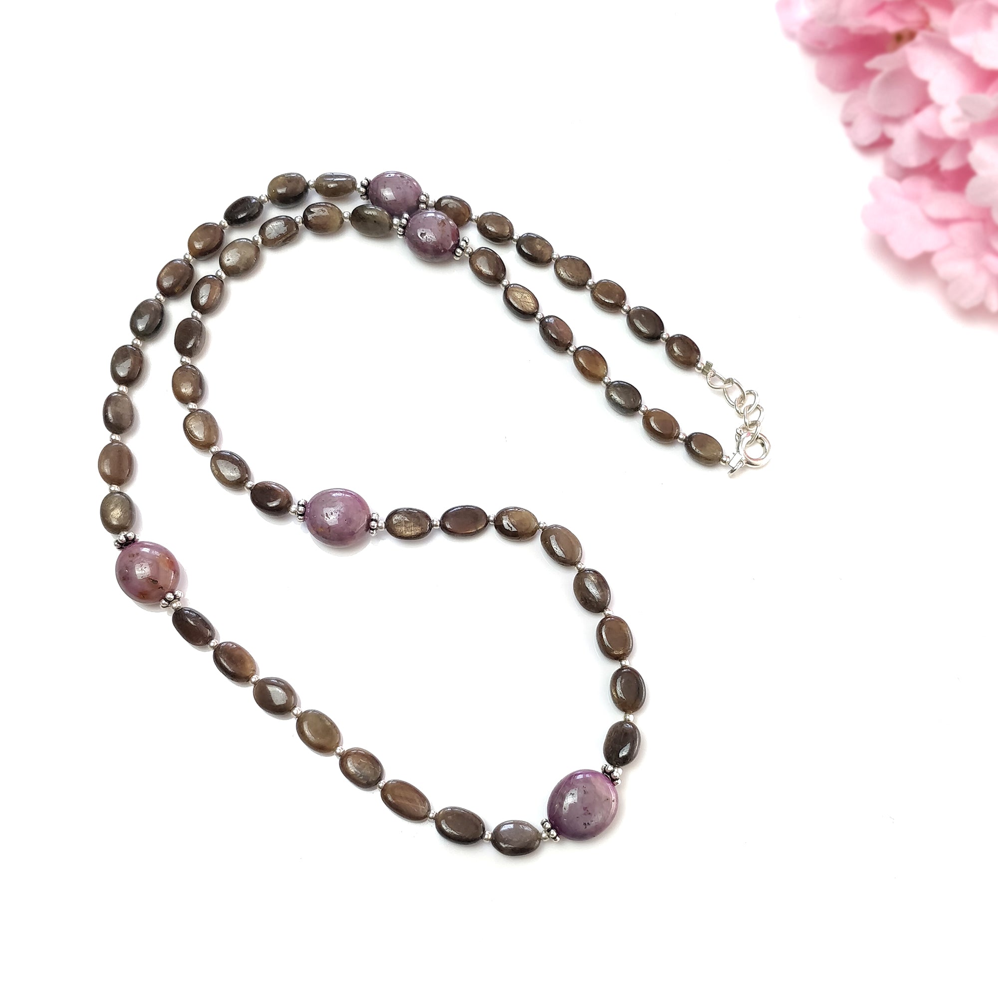 Natural Untreated Chocolate Sapphire & Star Ruby Gemstone Necklace - 111.25cts Oval Cut with 925 Sterling Silver (6*5mm & 11*10mm) | Elegant Jewelry Gift for Women, Birthday, Anniversary & Special Occasions
