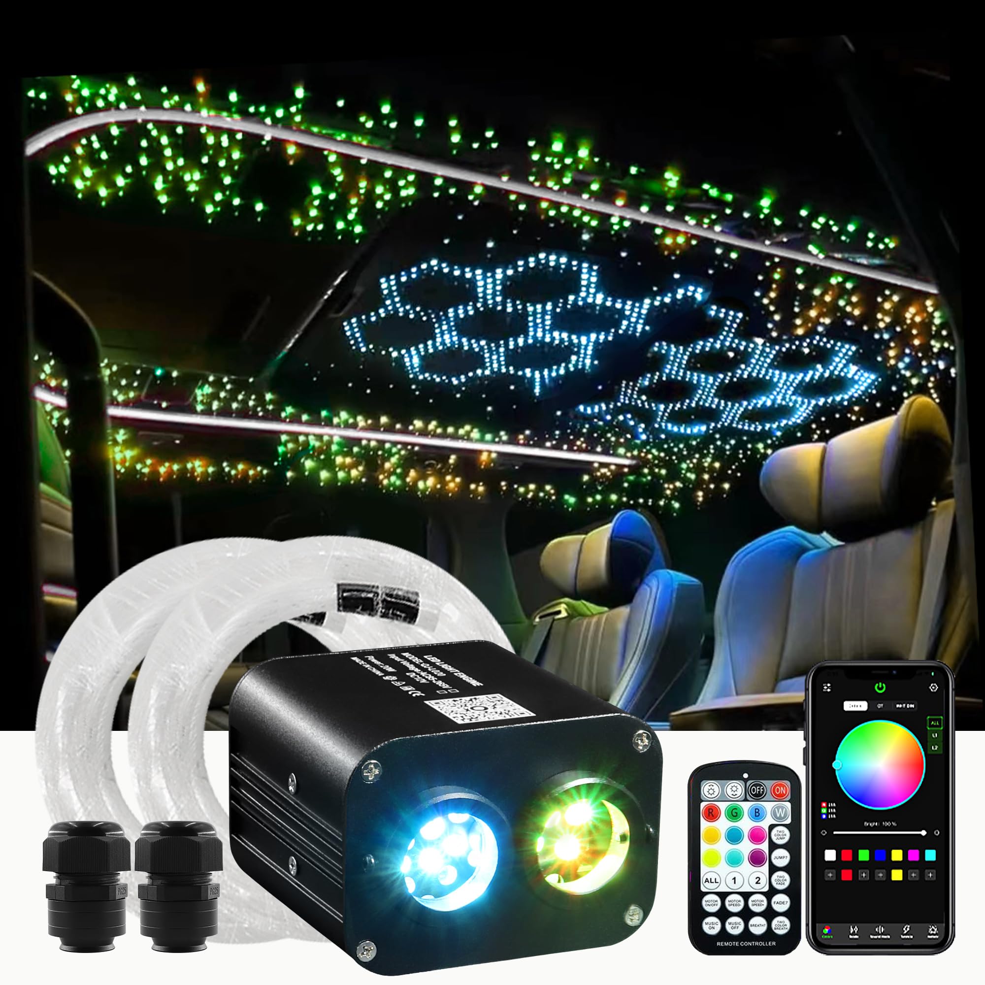 Upgraded 20W Dual Color Fiber Optic Car Headliner Kit with 900 LED Stars - APP & Remote Control for Customizable Starlight Roof Lighting | Perfect for Cars, Trucks & Bedroom Ceiling Decor