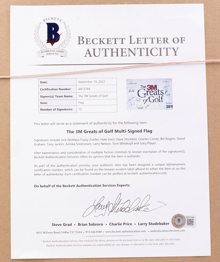 Authentic Multi-Signed Framed 3M Greats of Golf Flag with Jack Nicklaus & Gary Player Signatures +10 BAS LOA - Perfect for Golf Memorabilia Collectors & Man Cave Decor