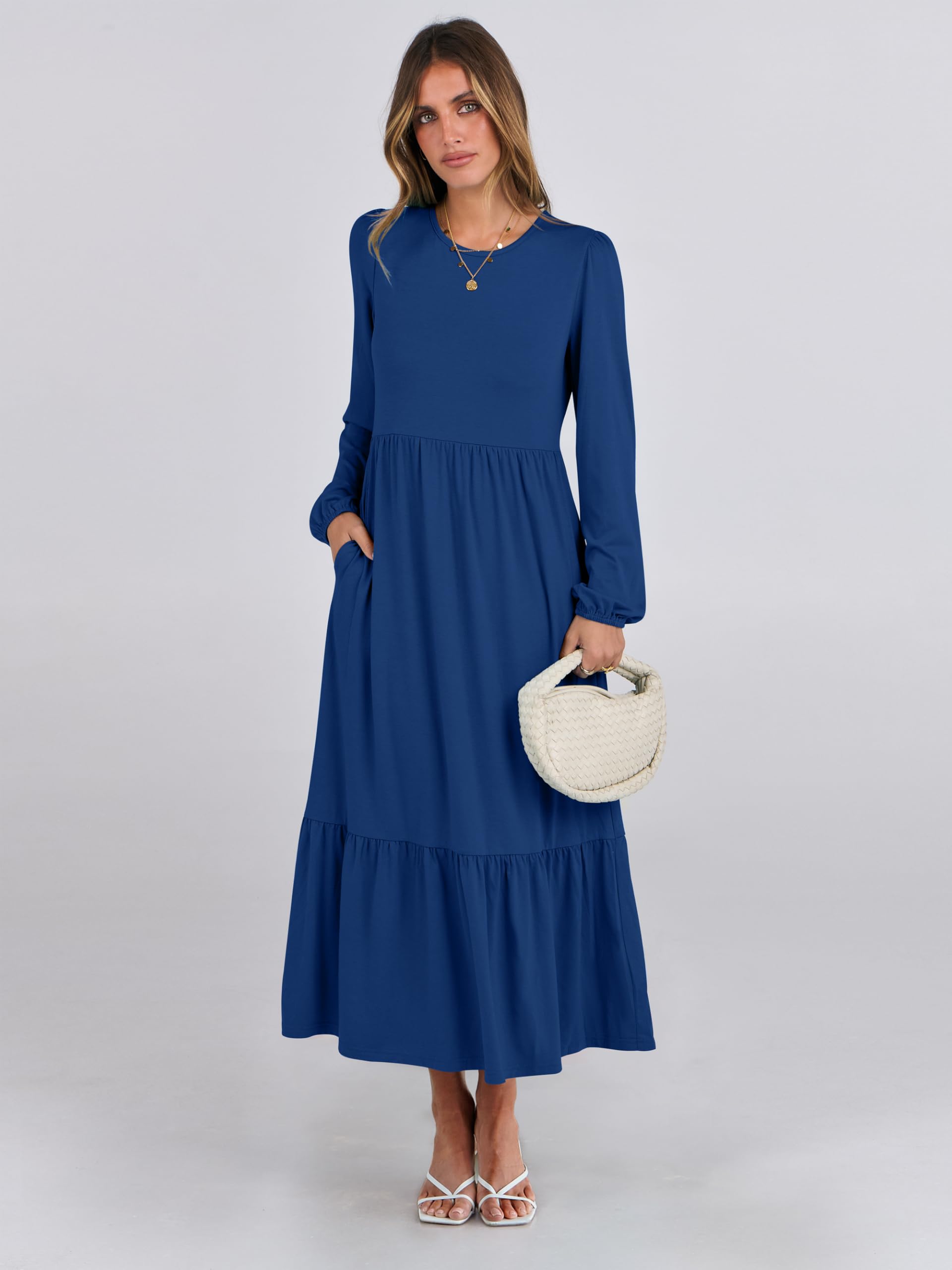 ANRABESS Women's Casual Long Sleeve Midi Dress - Crewneck A-Line Tiered Flowy Loose Dress with Pockets | Trendy Spring 2025 Fashion | Perfect for Brunch, Office Wear & Date Night Outfits
