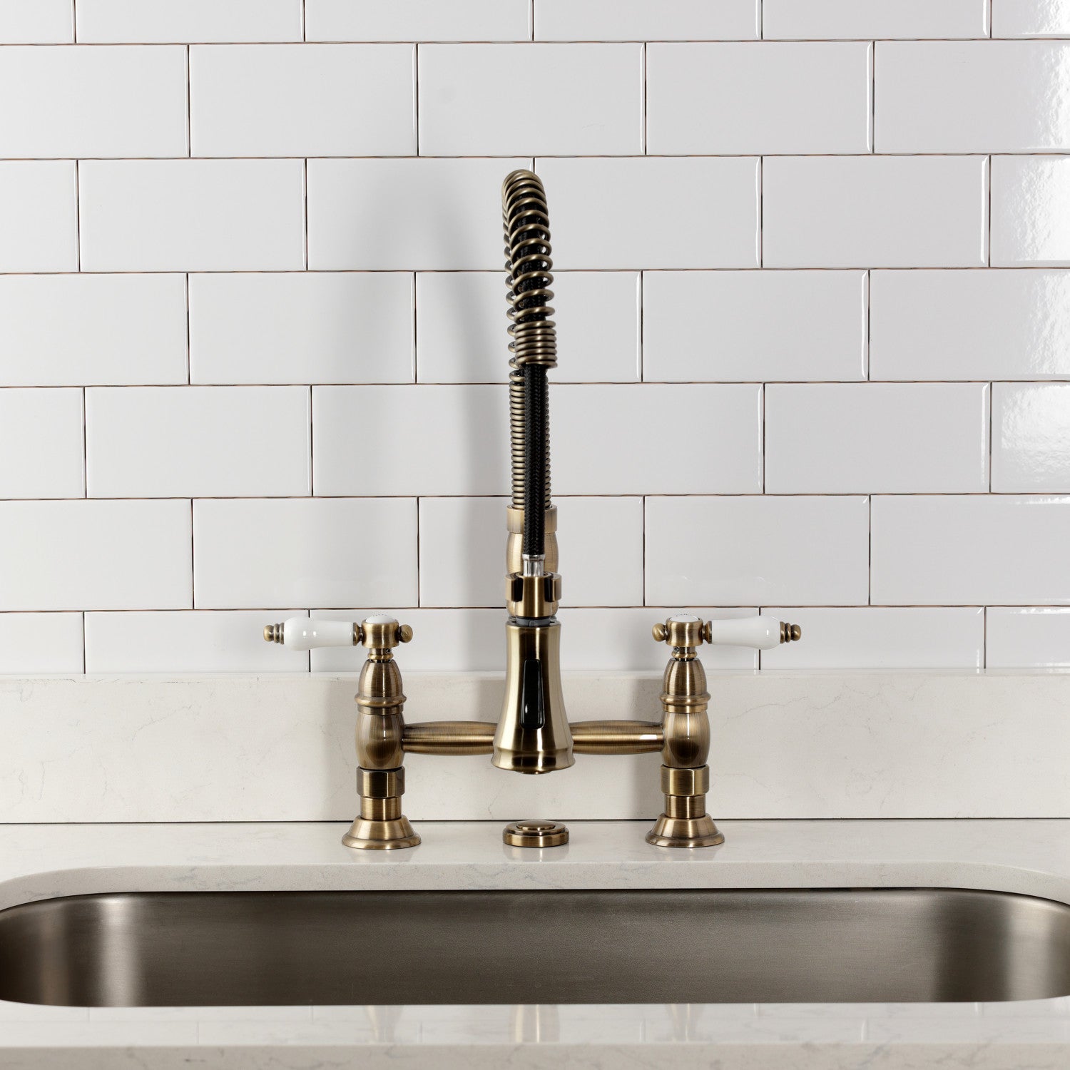 Bel Air GS1273BPL Antique Brass Double Handle 2 Hole Deck Mount Pre Rinse Bridge Kitchen Faucet - Perfect for Commercial Style Kitchens & Restaurant Prep Areas