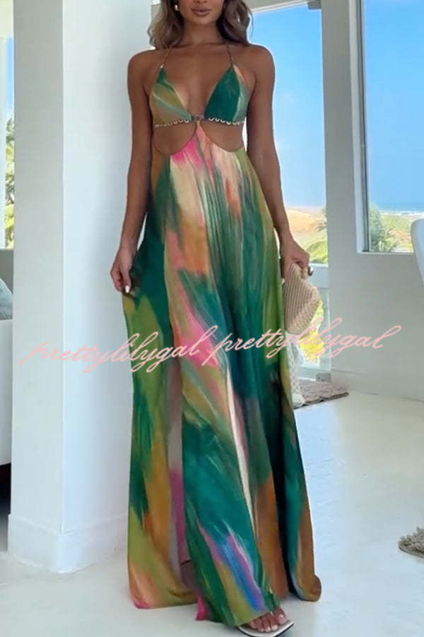 Stylish Andie Splash Ink Printed Cutout Back Tie-Up Slit Maxi Dress - Perfect for Beach Vacations, Summer Getaways & Boho Fashion
