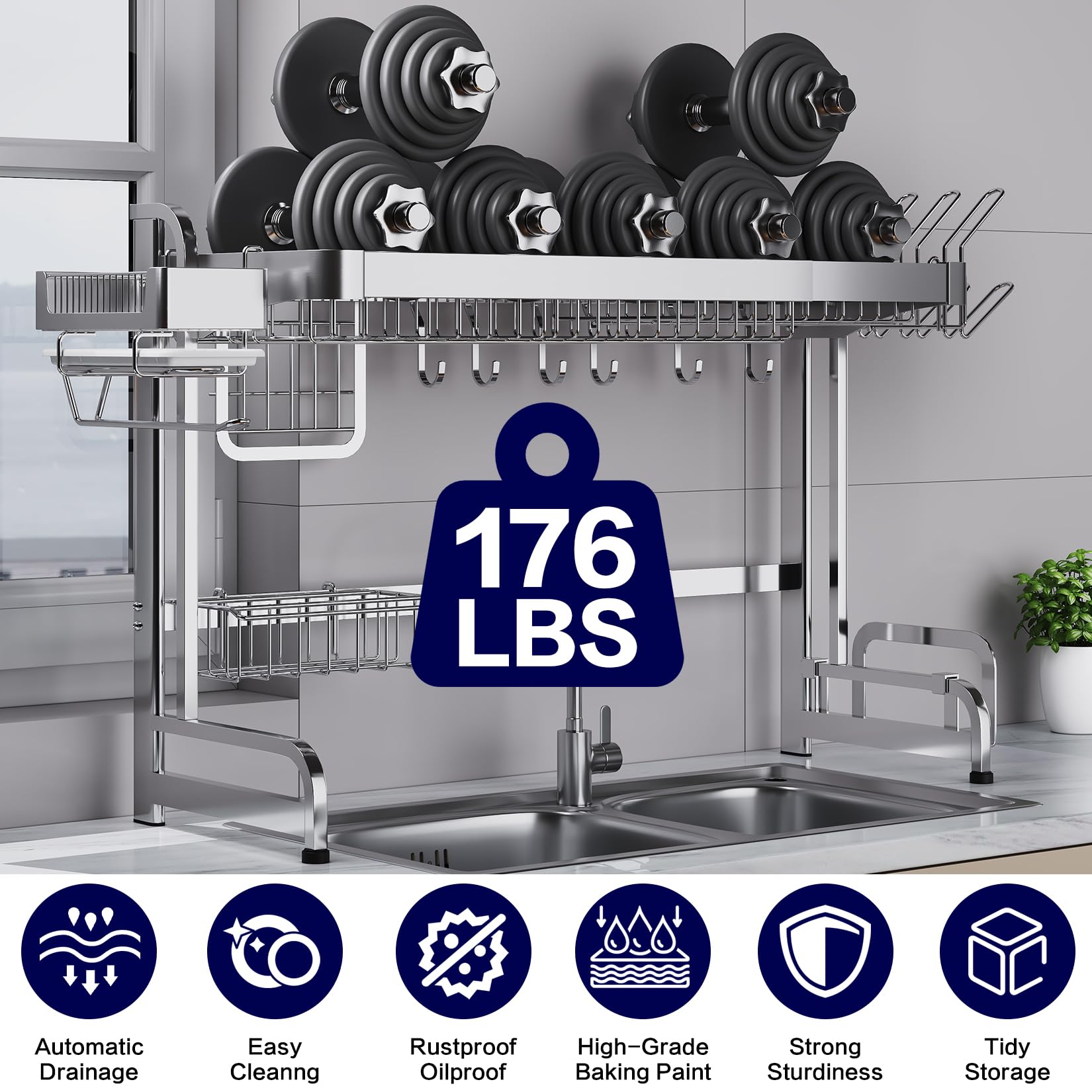 Adjustable 2-Tier Over The Sink Dish Drying Rack (25.6-37.6in) - Stainless Steel Space Saving Kitchen Organizer for Dishes, Utensils & Cutting Boards | Perfect for Small Kitchens, Apartments & RV Living