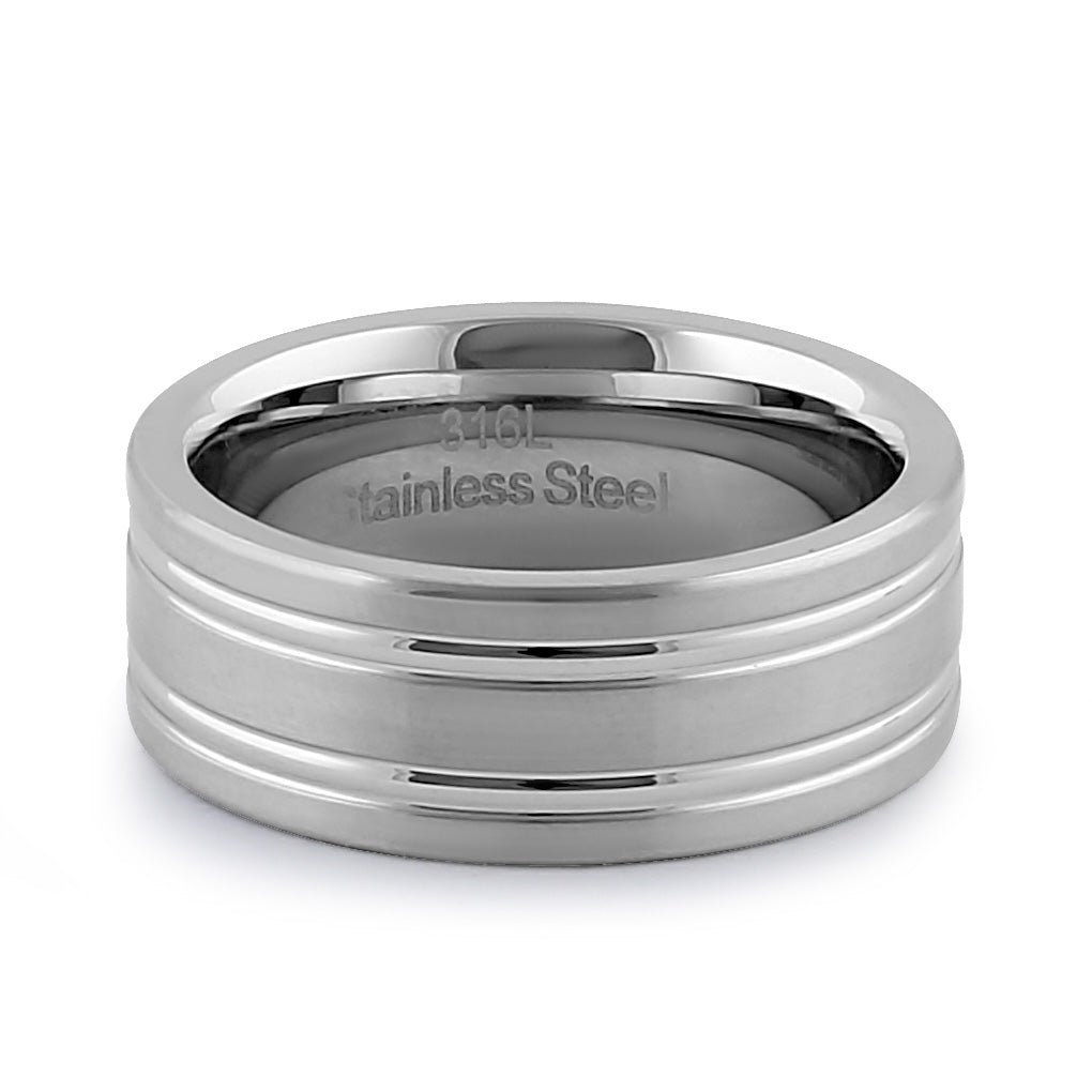 8mm Brushed Stainless Steel Men's Wedding Band with Grooves - Durable & Stylish Ring for Men's Jewelry, Engagement, Anniversary Gifts