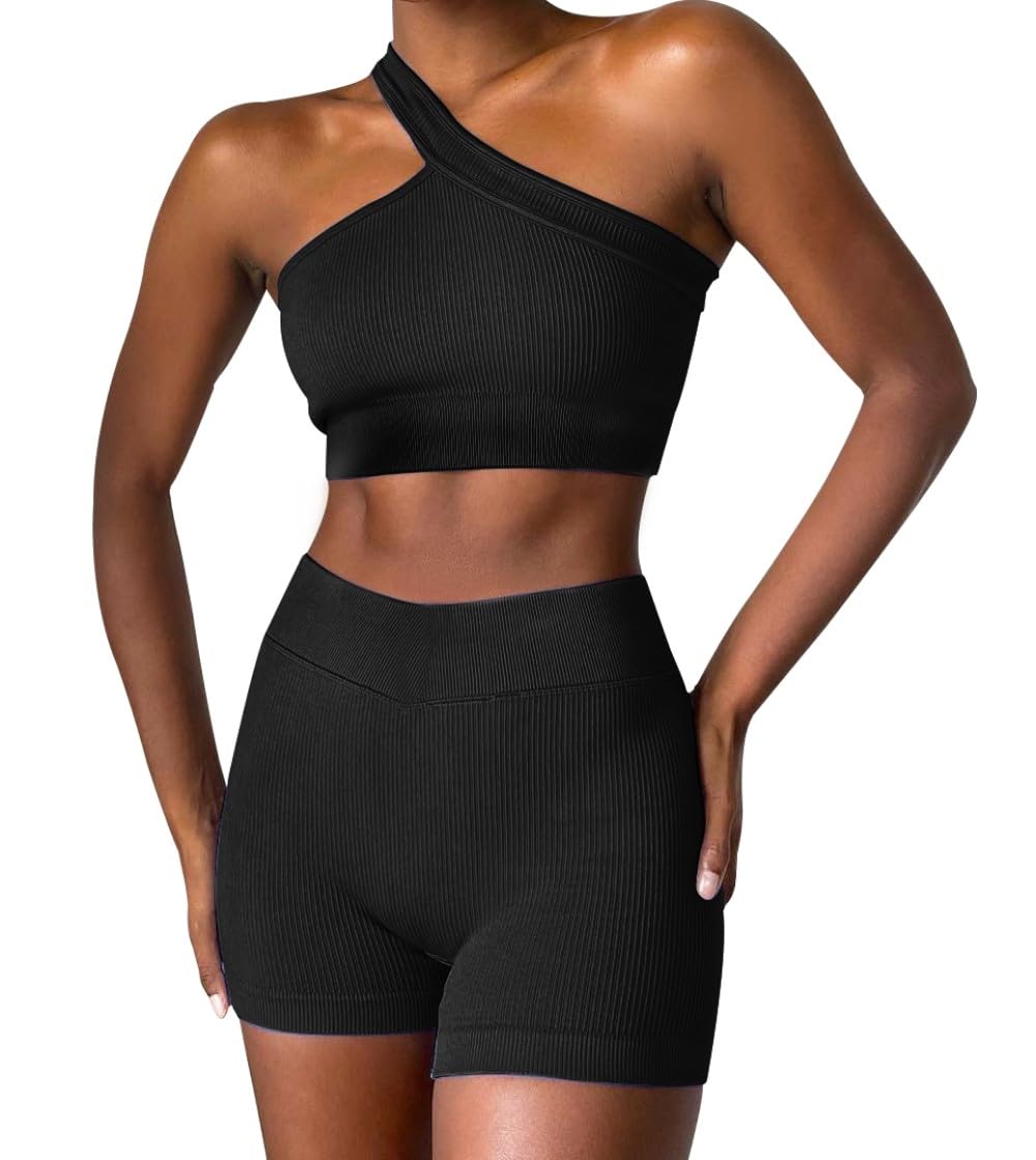 OLCHEE Women's One Shoulder Workout Set - Seamless Ribbed 2 Piece Gym Outfit with Crop Top & Mini Shorts for Yoga, Running & Athletic Training | Trendy Fitness Clothes for Women | Perfect for Gym, Home Workouts & Streetwear Fashion