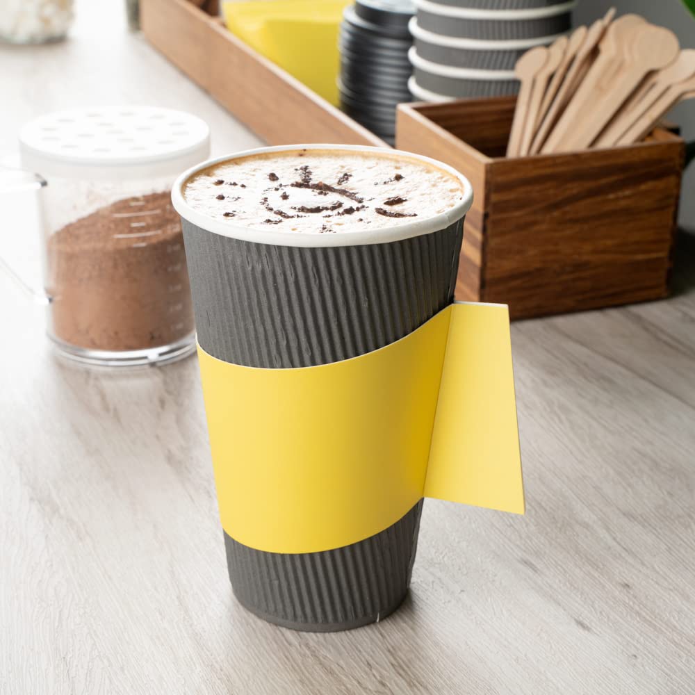 Restpresso Disposable Hot Coffee Sleeves with Handle - 1000 Pack Yellow Paper Cup Jackets for 12/16/20 oz Cups | Eco-Friendly Coffee Shop & Office Supplies for Takeout, Catering & Events