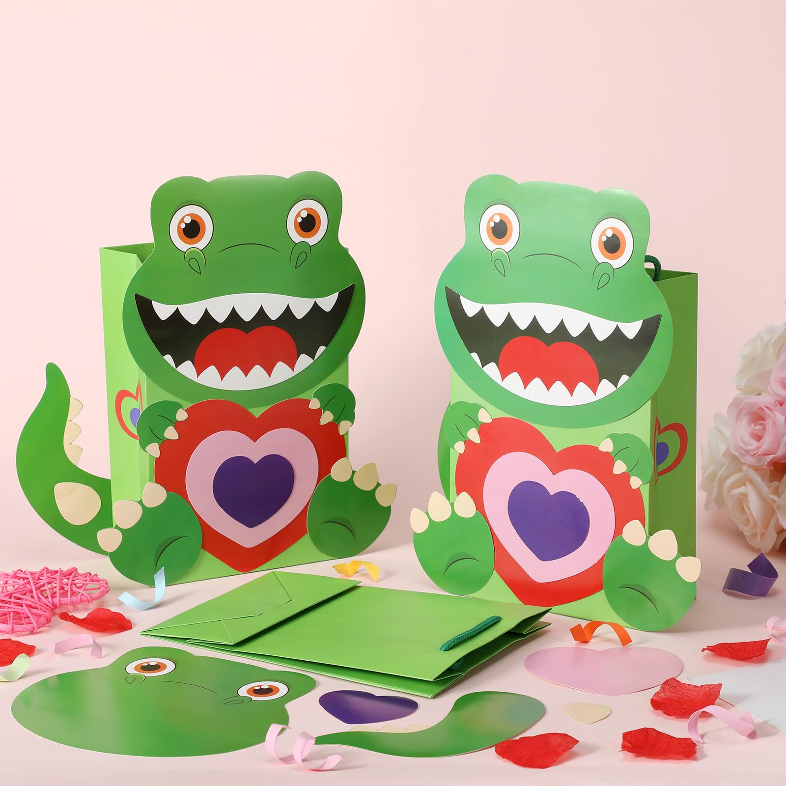 18 Pcs DIY Valentine's Day Paper Gift Bags for Kids - Cute Dinosaur Print Candy Bags with Handles, Classroom Party Favors, School Exchange Gifts, Valentine Crafts & Gift Wrapping Activities (Green) - Perfect for Valentine's Day Celebrations, Classroom Parties & Kids' Craft Activities