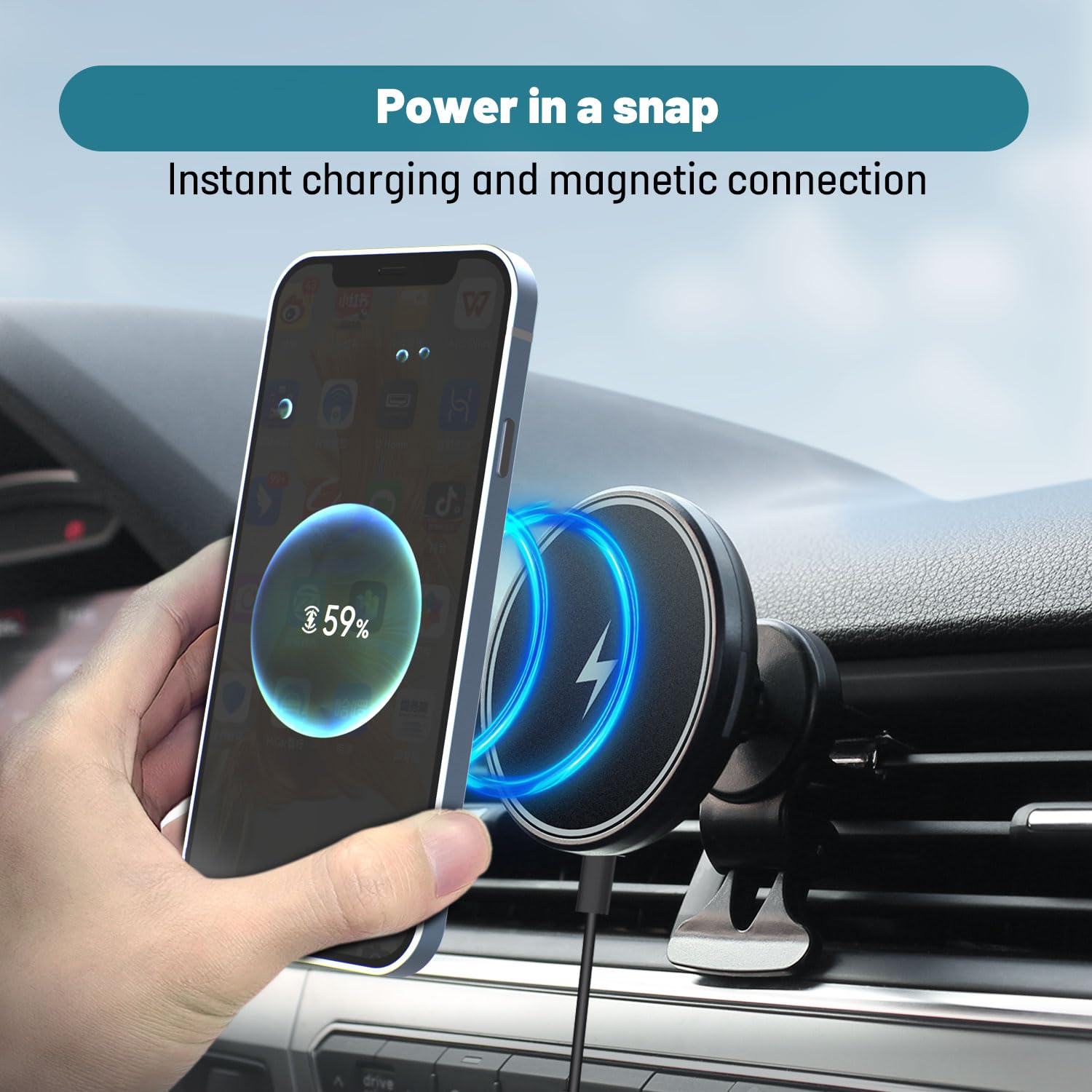 Kazumi Magnetic Wireless Car Charger - Strong Magnetic 360° Adjustable Phone Holder, Compatible with MagSafe, iPhone 14/13/12, Samsung Galaxy S23/S22, Google Pixel, LG | Perfect for Safe Hands-Free Charging While Driving