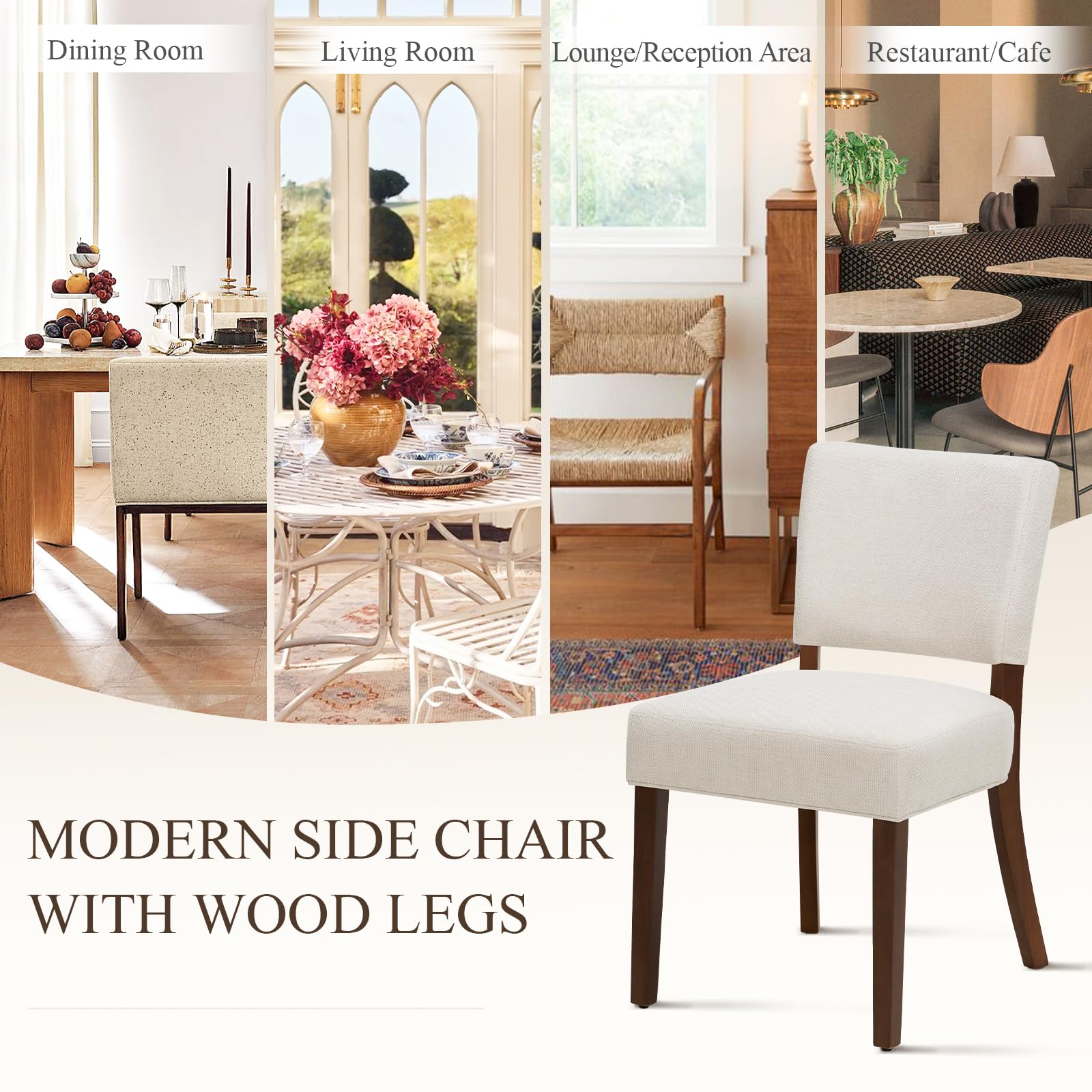COLAMY Mid Century Modern Dining Chairs Set of 2 - Upholstered Kitchen Chairs with Open Back & Wood Legs, Farmhouse Style Beige Fabric Side Chairs for Dining Room, Kitchen, Restaurant | Perfect for Home Decor, Family Gatherings & Commercial Spaces