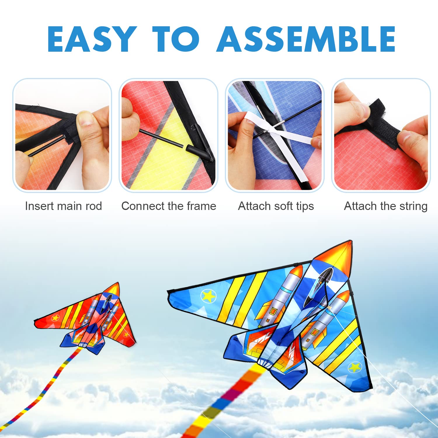TOY Life 2 Pack Easy Fly Airplane Kites for Kids & Adults - Outdoor Beach Toys for Boys & Girls Ages 3-12 - Large Durable Kites for Family Fun, Park Games & Summer Activities
