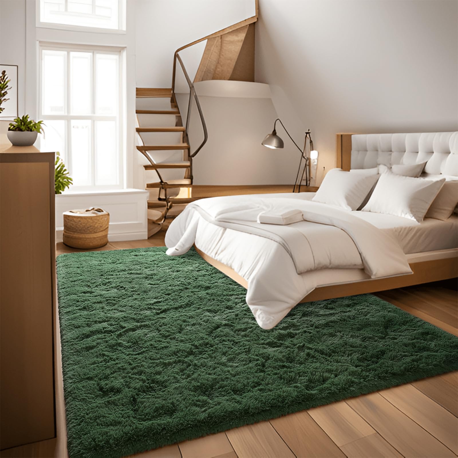 DweIke Fluffy Dark Green Shaggy Area Rug - 4x6 Feet Soft Plush Carpet for Bedroom, Living Room, Nursery | Non-Slip Washable Floor Mat for Kids, Boys & Girls | Perfect for Cozy Home Decor, Playroom & Baby Room