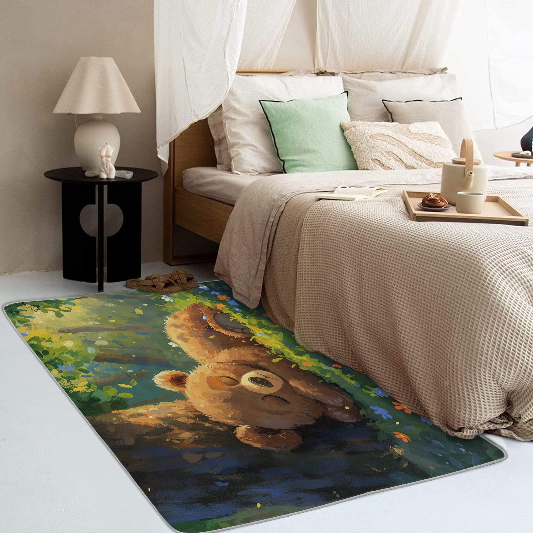Cute Cartoon Woodland Bear Rug - Soft Non-Slip 6x8 Washable Low Pile Indoor Area Rug for Nursery, Living Room & Bedroom | Kids Forest Animal Carpet for Cozy Home Decor & Playroom Flooring