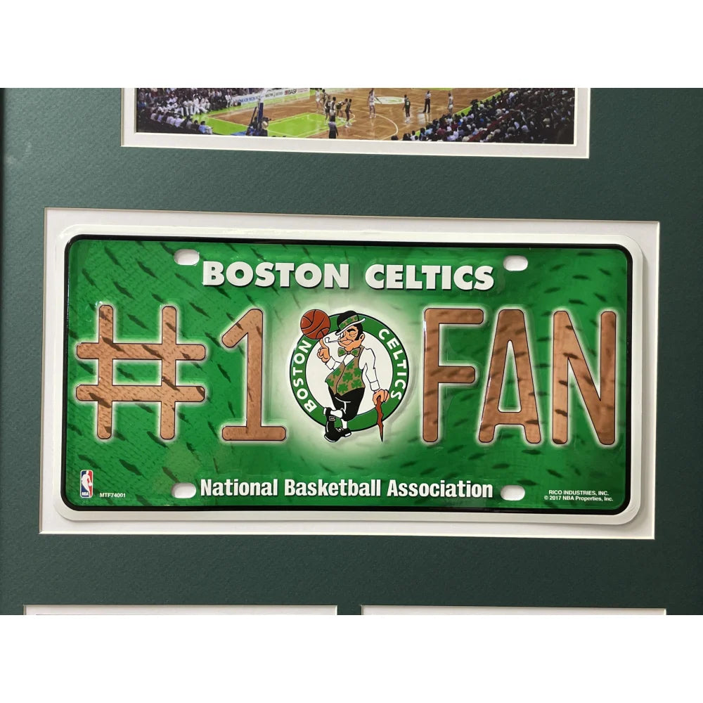 Boston Celtics Fan License Plate Framed Collage - Russell, Bird & Auerbach Memorabilia - Perfect for Man Cave, Sports Bar & Celtics Fan Gifts