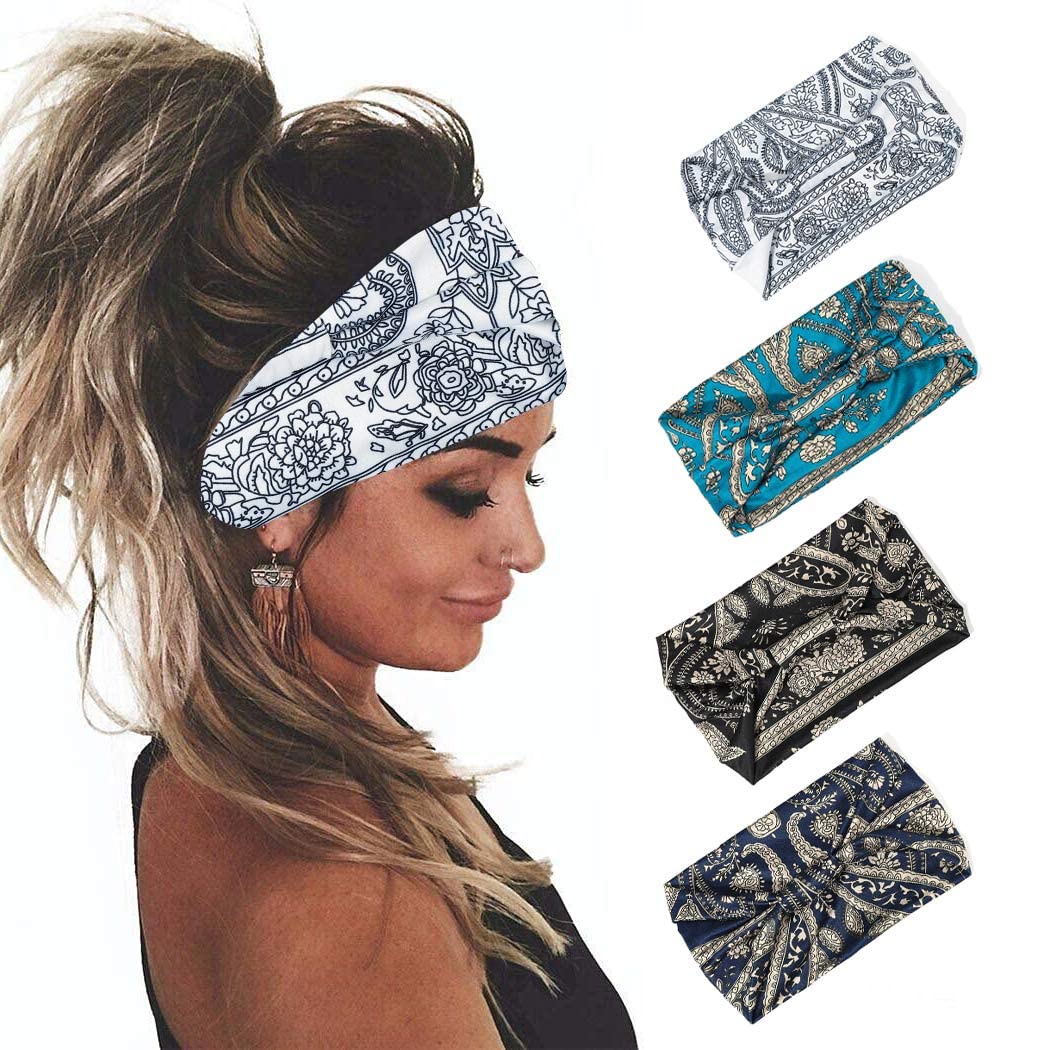 Zoestar Boho Wide Headbands - Knotted Turban Hair Band, Vintage Stylish Head Wraps, Elastic Yoga Headband for Women & Girls (Pack of 4) - Perfect for Yoga, Workouts, Fashion Accessories & Everyday Wear