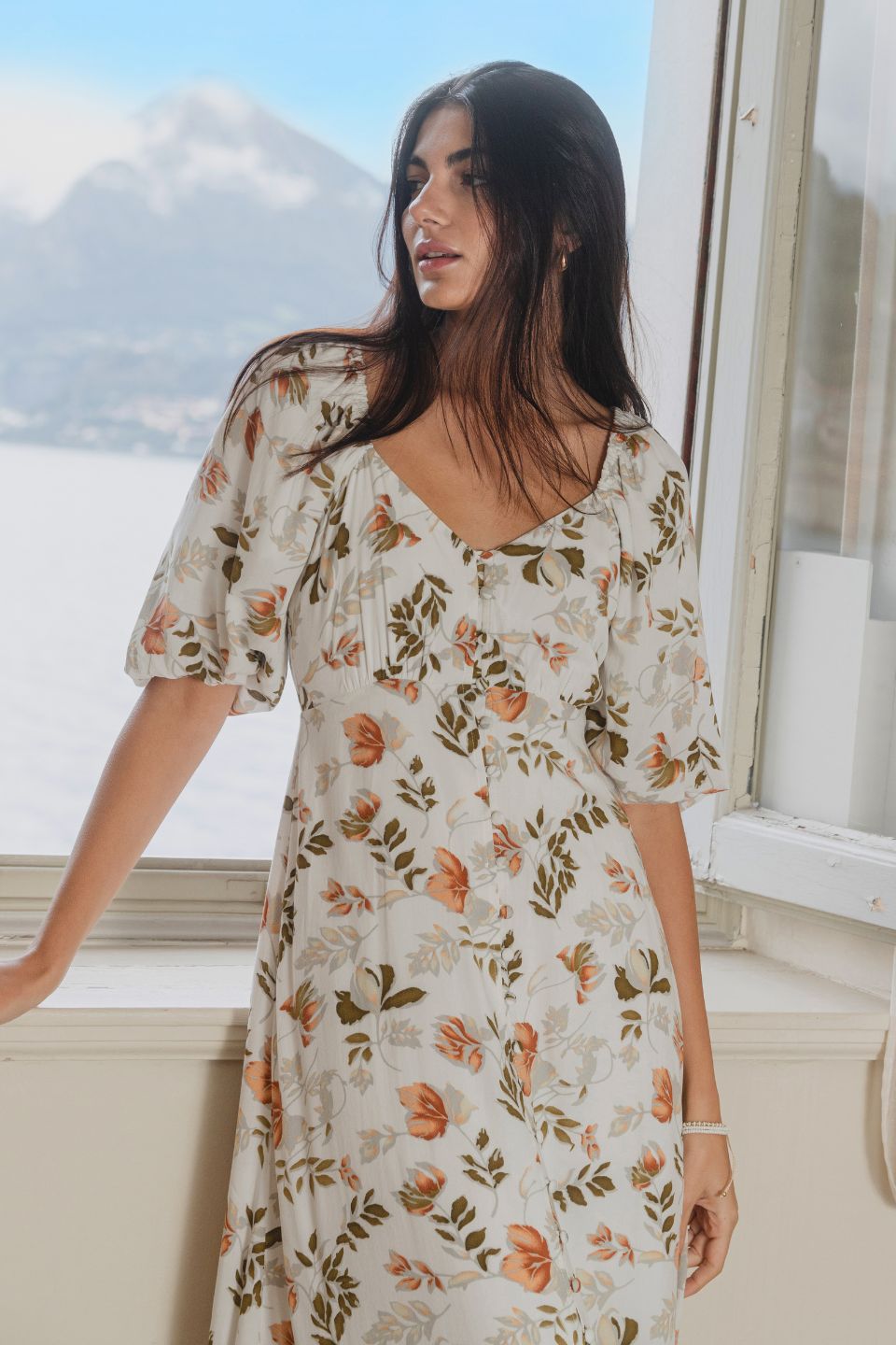 Elegant Ivory Floral Short Sleeve Button Front Midi Dress for Women | Summer Wedding Guest Dress & Garden Party Outfit