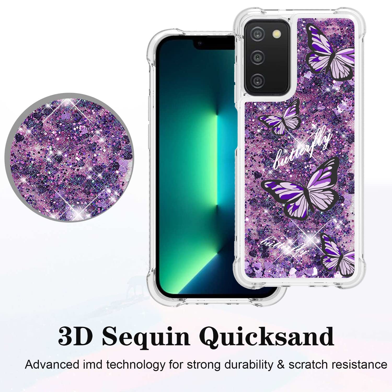 Samsung Galaxy A03S Case with Tempered Glass Screen Protector - Cute Glitter Bling Soft TPU Protective Phone Cover for Women & Girls (Purple Butterfly) - Perfect for Everyday Use, School, and Work
