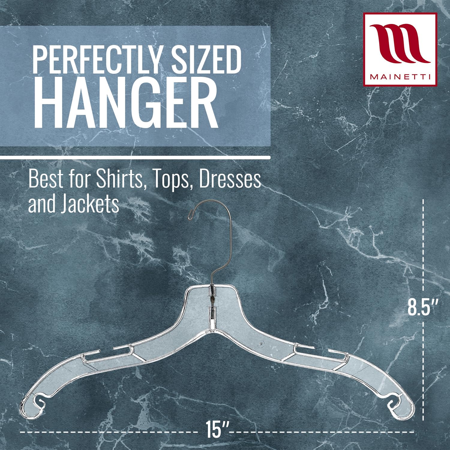 Mainetti 5400SCR Clear Plastic Hangers - 100 Pack with 360° Swivel Metal Hook & Notches for Straps | Perfect for Shirts, Tops, Dresses & Jackets | 17-Inch Closet Organizers for Retail Stores & Home Wardrobe
