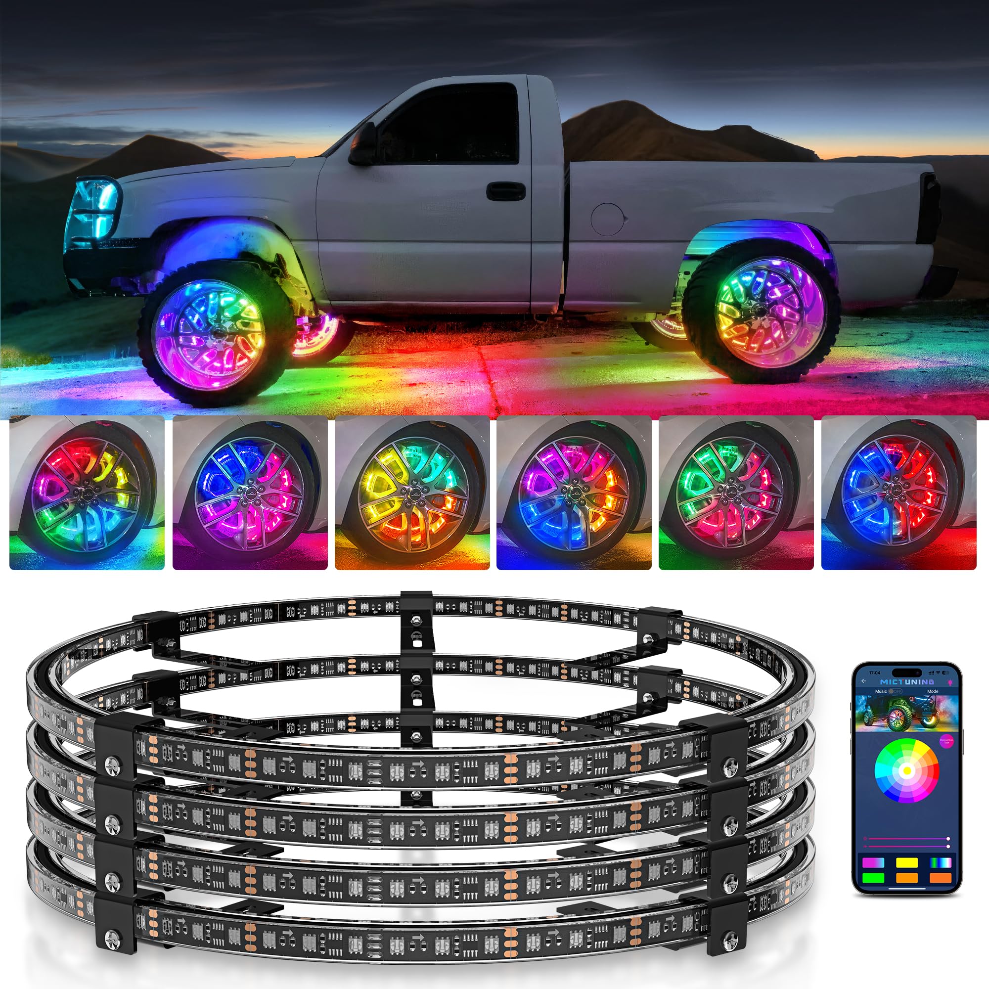 MICTUNING 15-inch RGB+IC LED Wheel Ring Lights Kit with APP Control - Dual-Row Color Chasing Neon Rim Lights for Trucks, SUVs & Cars | Turn Signal & Brake Light Effects | Perfect for Off-Roading, Car Shows & Night Driving