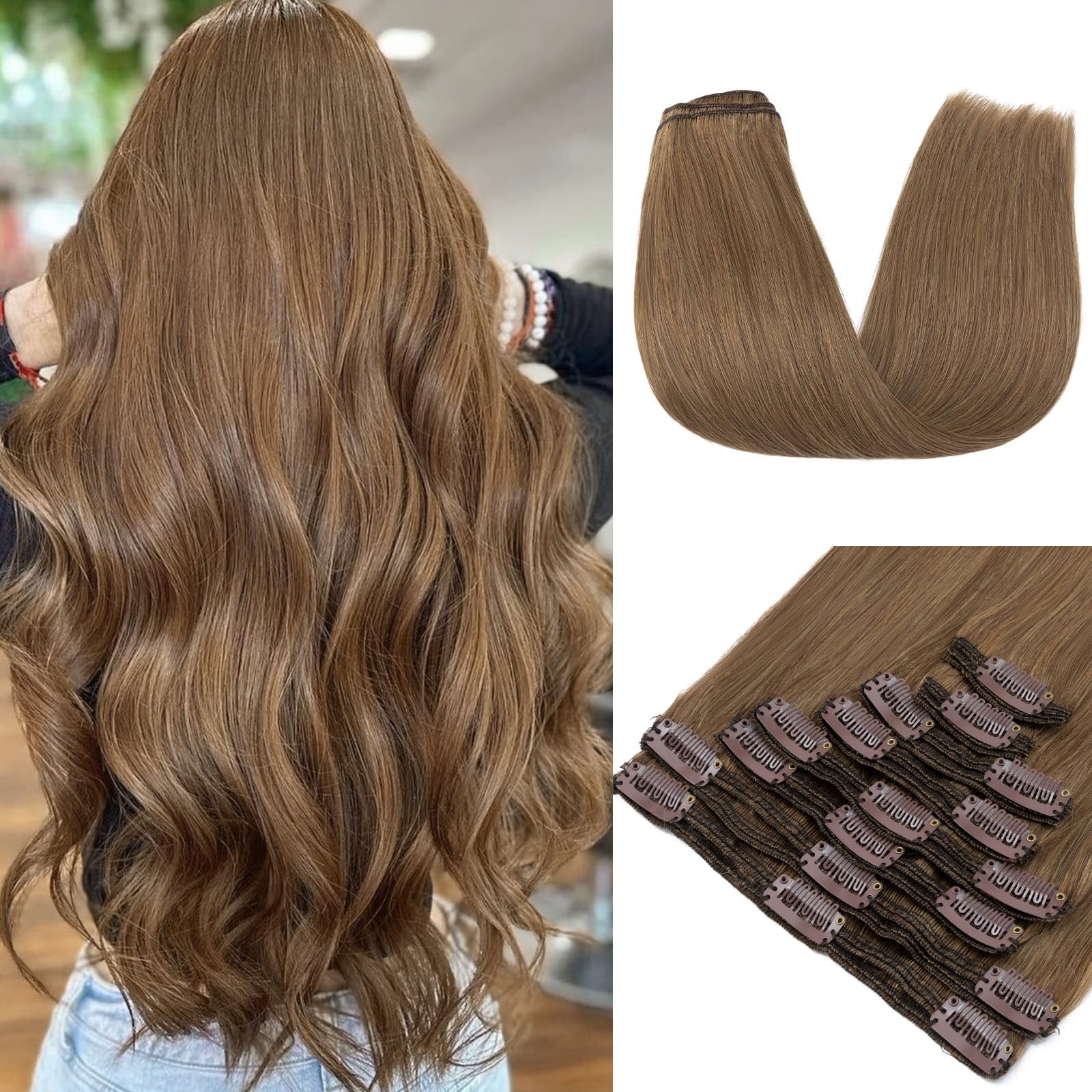 MY-LADY Clip in Hair Extensions 24Inch 170g 8Pcs - 100% Real Human Hair, Seamless Long Straight Light Brown Hair Extensions for Women - Perfect for Parties, Weddings & Daily Styling