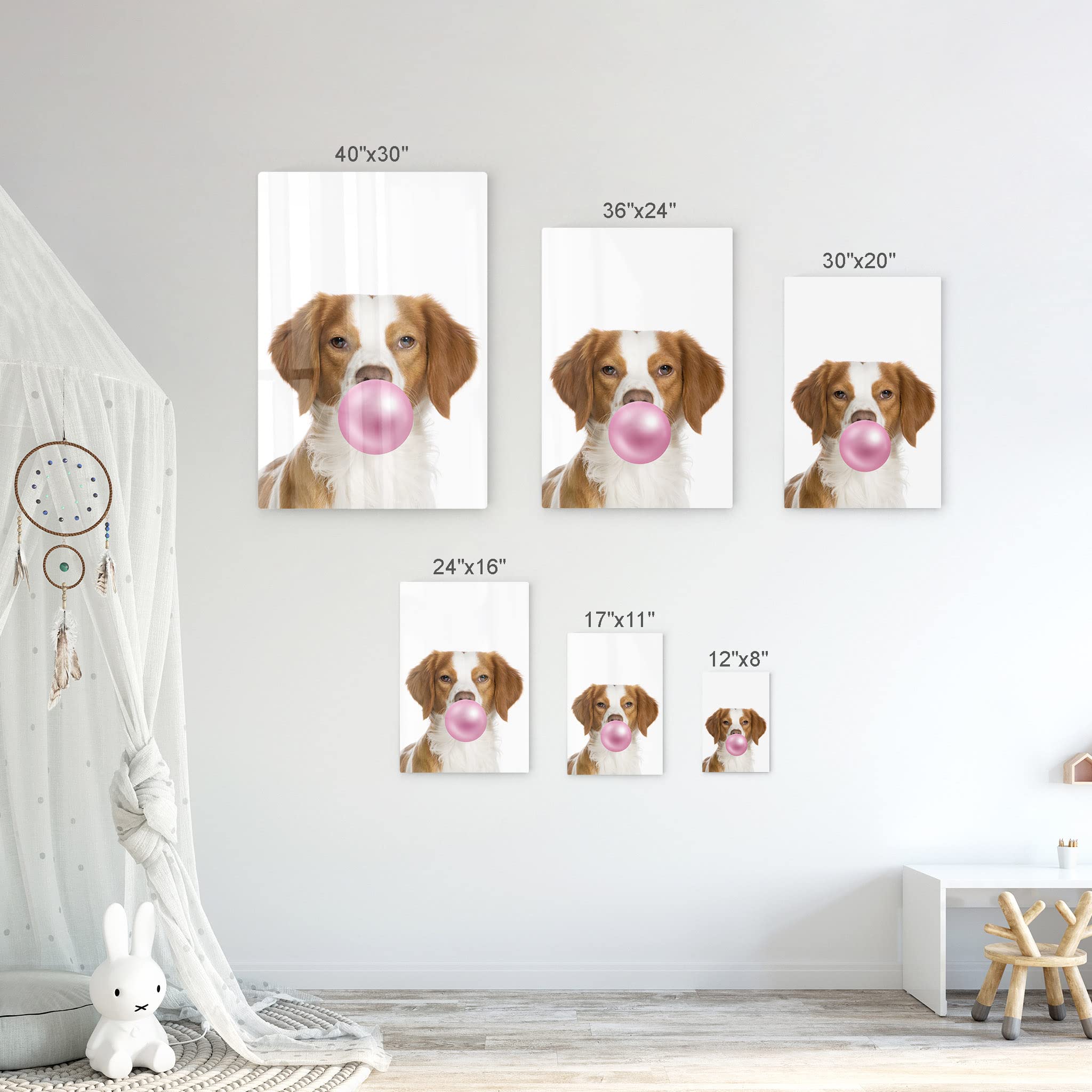 Epagneul Breton Dog Chewing Pink Bubble Gum Metal Wall Art Print - 30x20 - Pet Lover Gift, Pop Art Decor for Office, Living Room, Bedroom & Nursery - Perfect for Dog Owners & Animal Art Enthusiasts