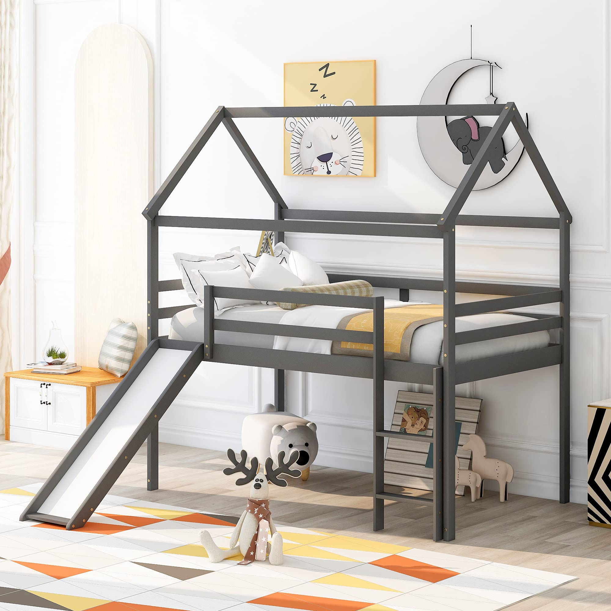 Merax Twin Size House Shaped Loft Bed Frame with Ladder & Slide - No Box Spring Needed, Sturdy Platform Bed for Kids, Boys & Girls - Perfect for Small Bedrooms, Playrooms & Sleepovers (Gray)